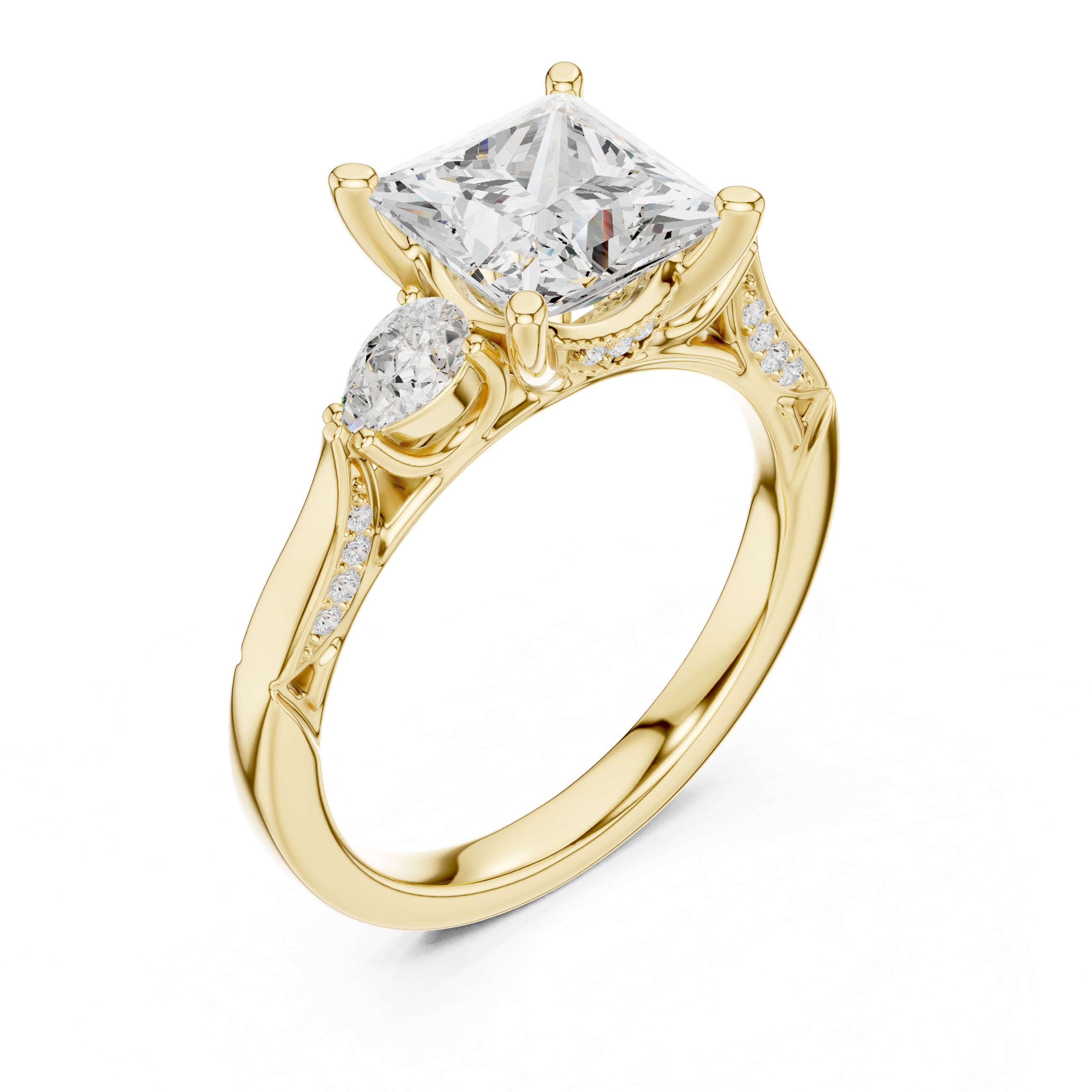 Princess Cut Three Stone Engagement Ring with Pear Side Diamonds and Vintage Milgrain Detail