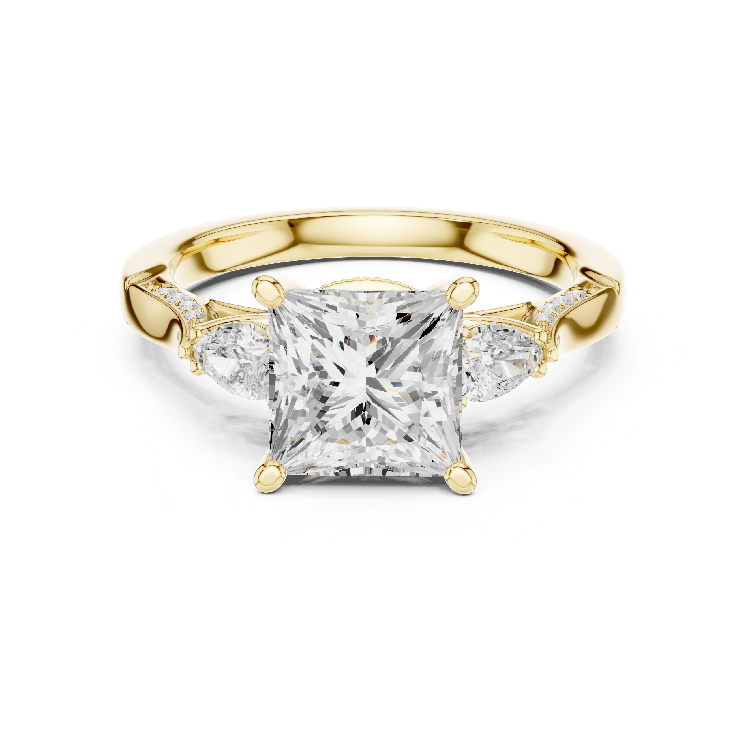 Princess Cut Three Stone Engagement Ring with Pear Side Diamonds and Vintage Milgrain Detail
