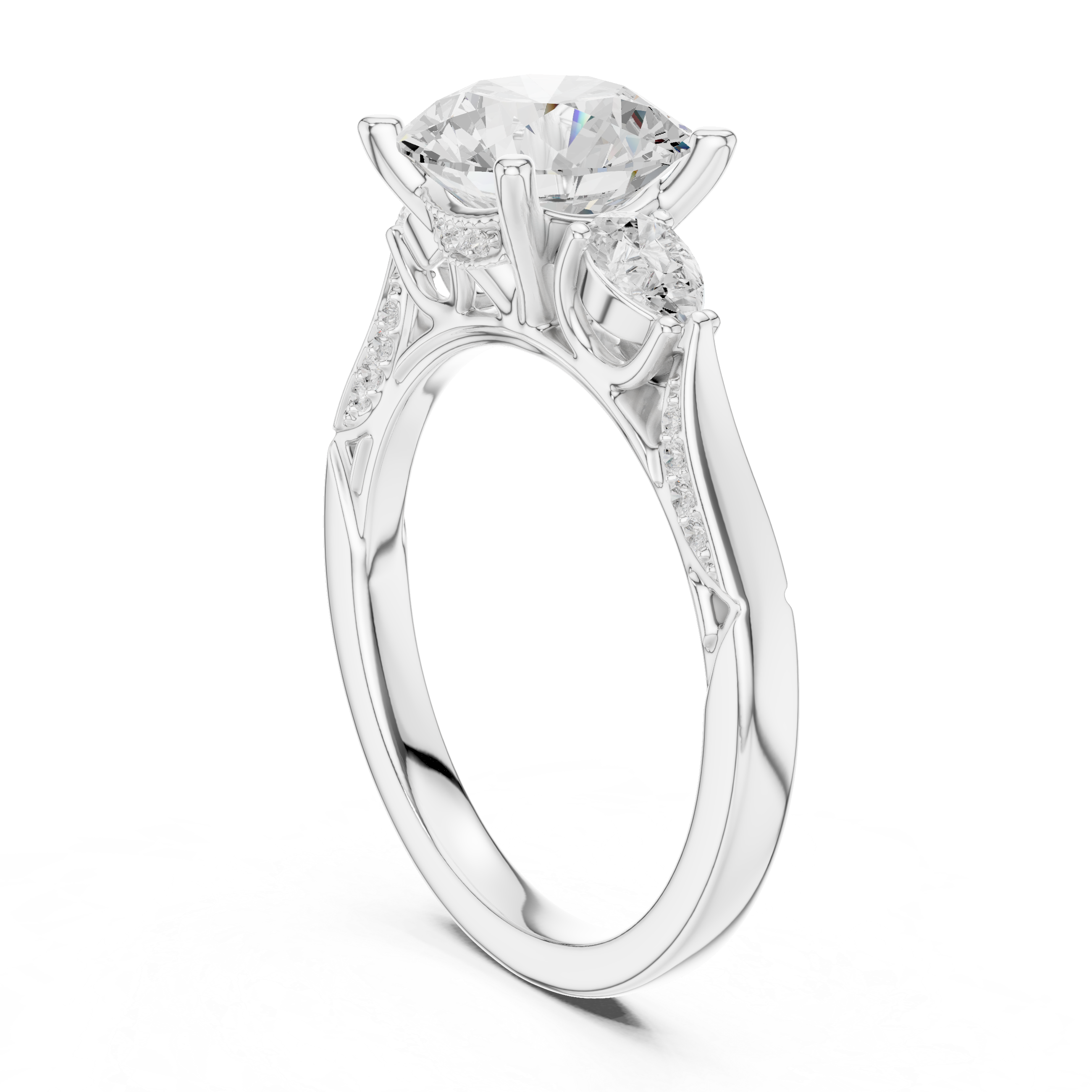Round Cut Three Stone Engagement Ring with Pear Side Diamonds and Vintage Milgrain Accents