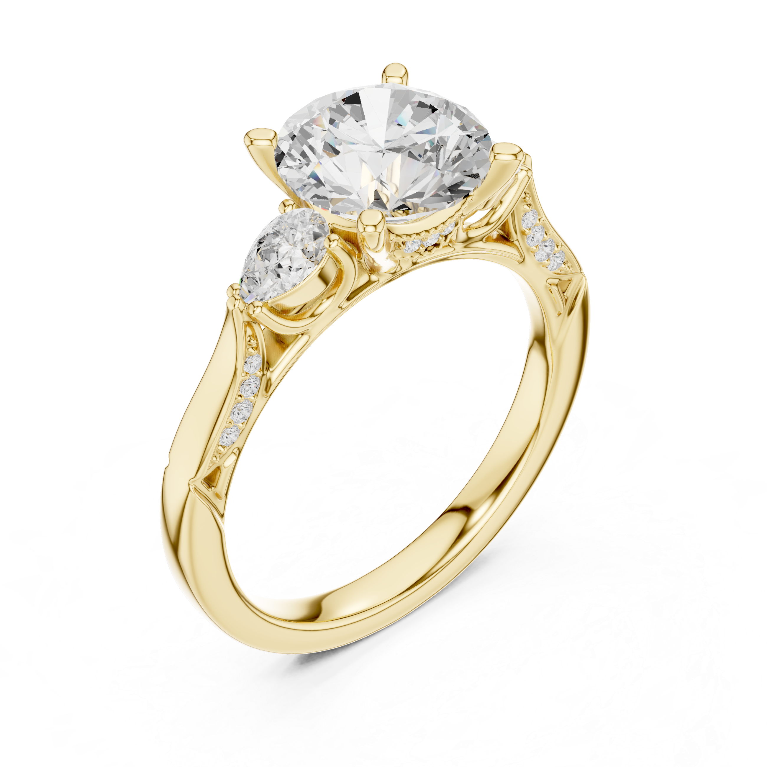 Round Cut Three Stone Engagement Ring with Pear Side Diamonds and Vintage Milgrain Accents