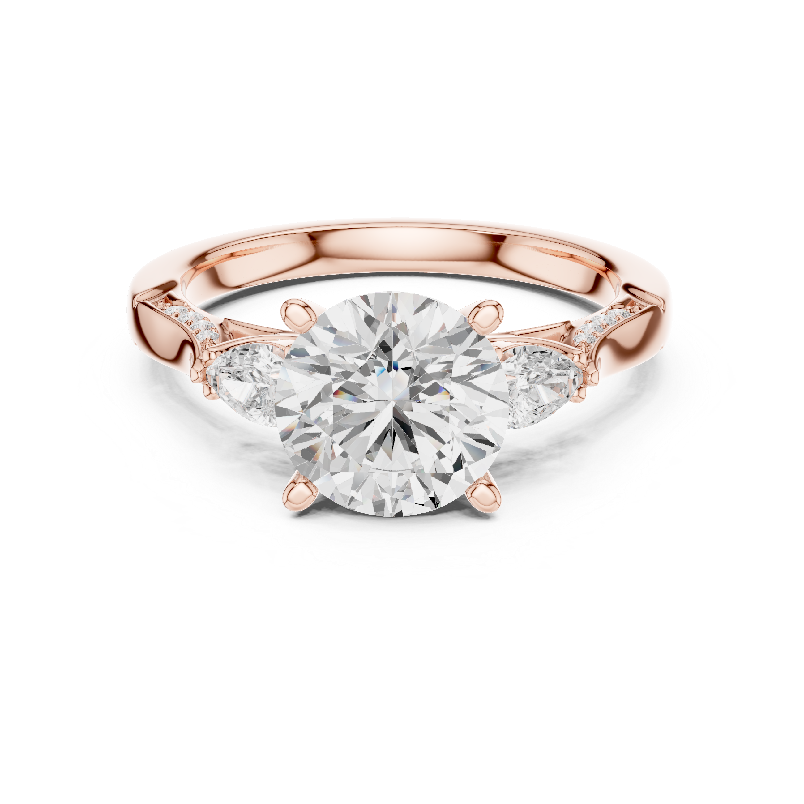 Round Cut Three Stone Engagement Ring with Pear Side Diamonds and Vintage Milgrain Accents