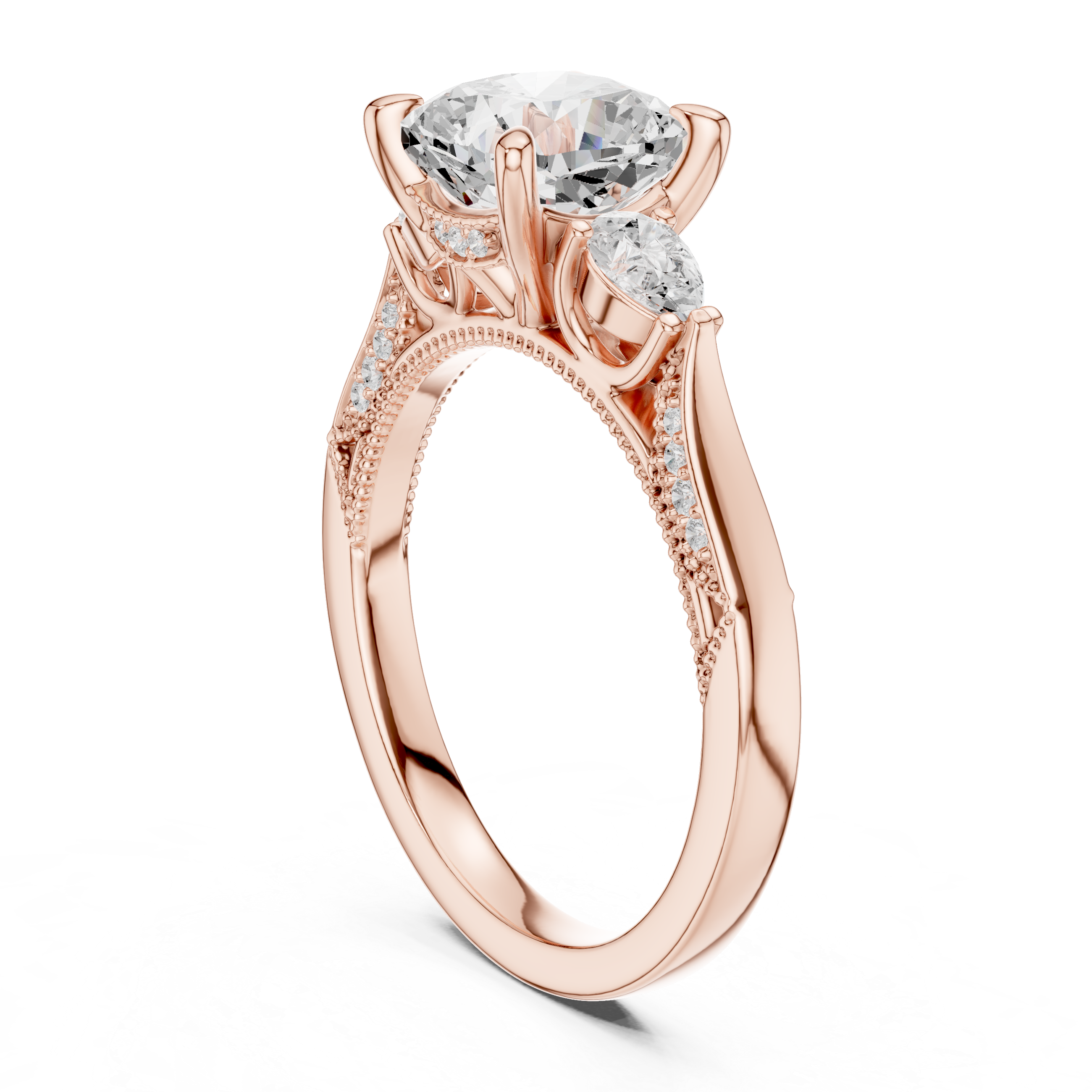 Cushion-Cut Three-Stone Engagement Ring with Pear Side Stones and Hidden Accent Details