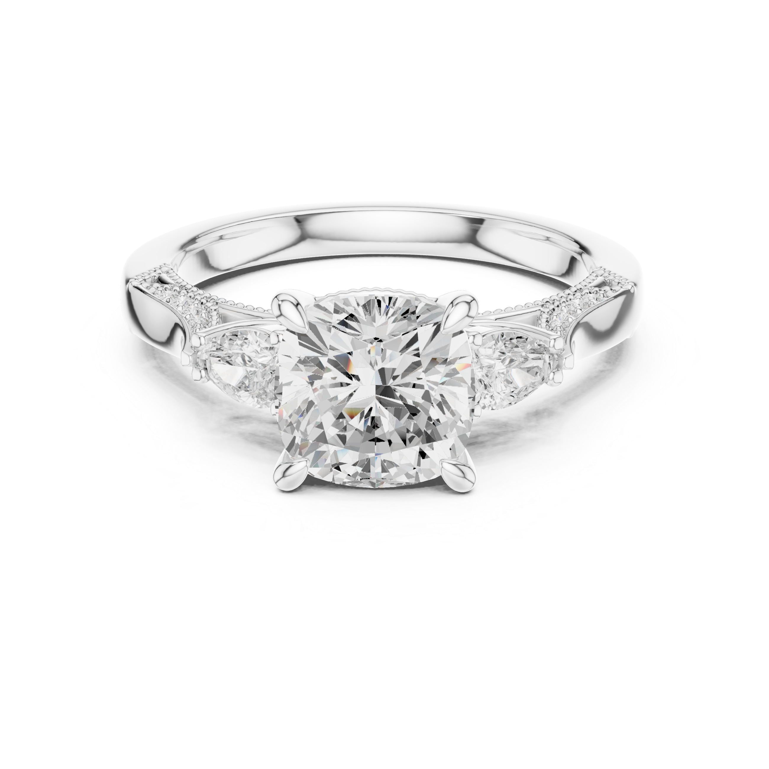 Cushion-Cut Three-Stone Engagement Ring with Pear Side Stones and Hidden Accent Details