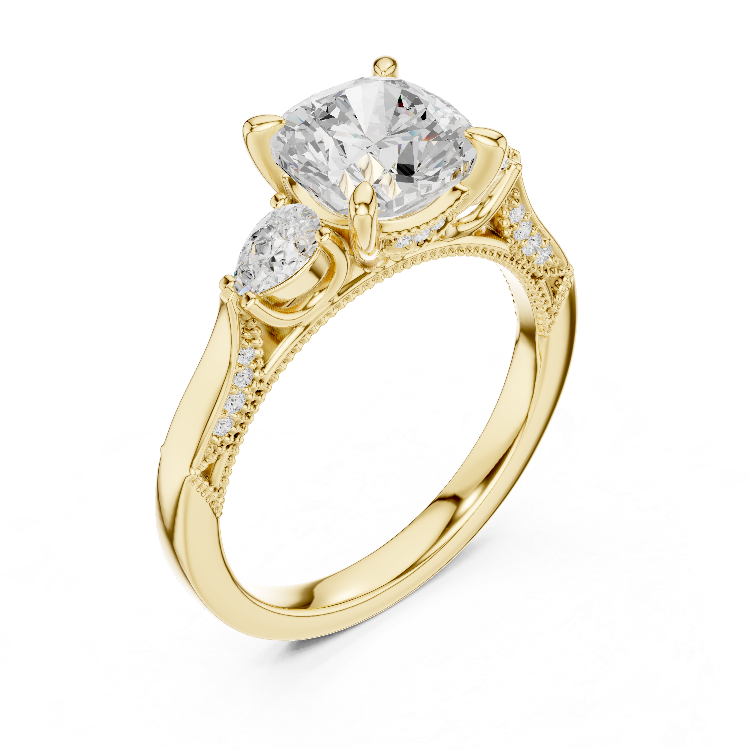 Cushion-Cut Three-Stone Engagement Ring with Pear Side Stones and Hidden Accent Details