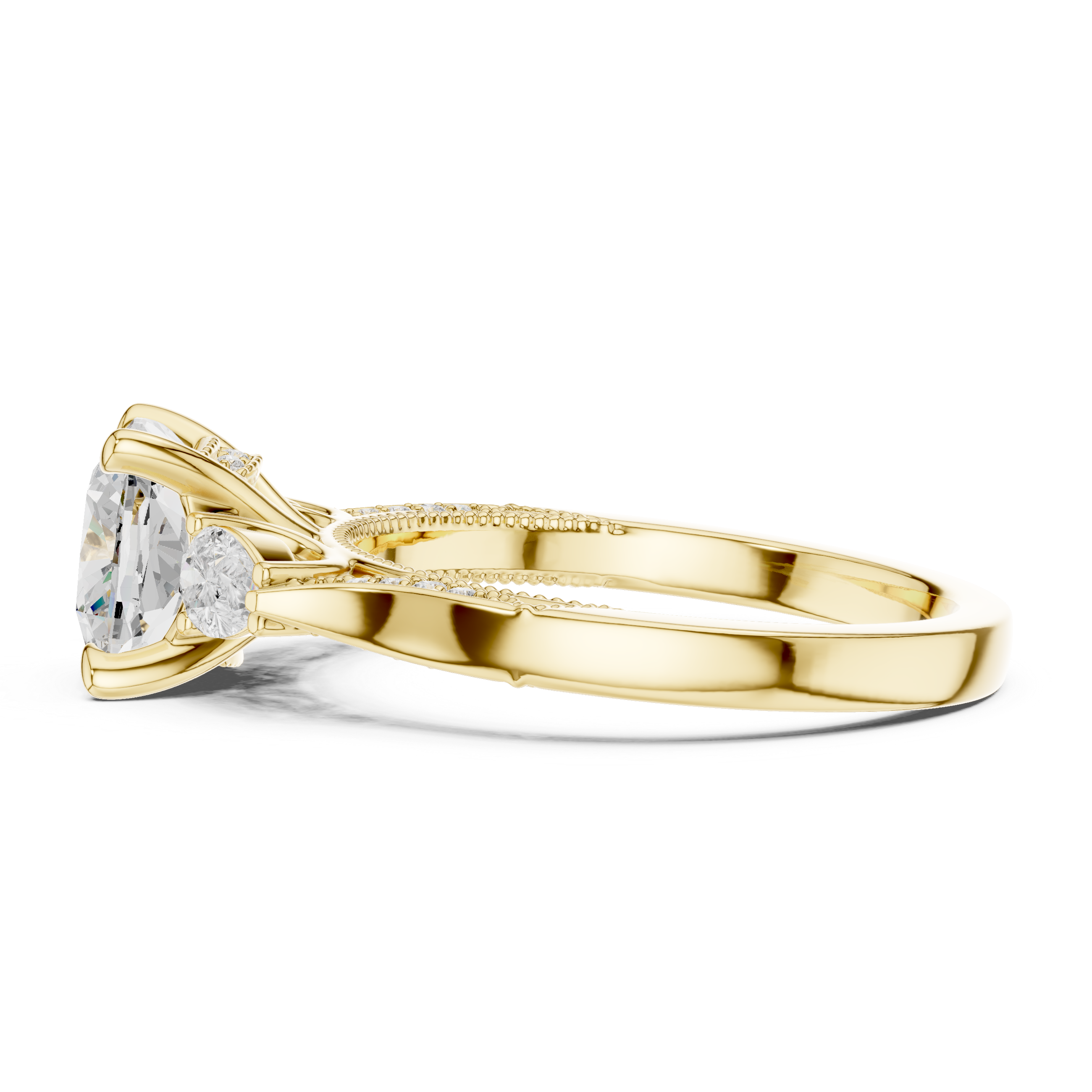 Cushion-Cut Three-Stone Engagement Ring with Pear Side Stones and Hidden Accent Details