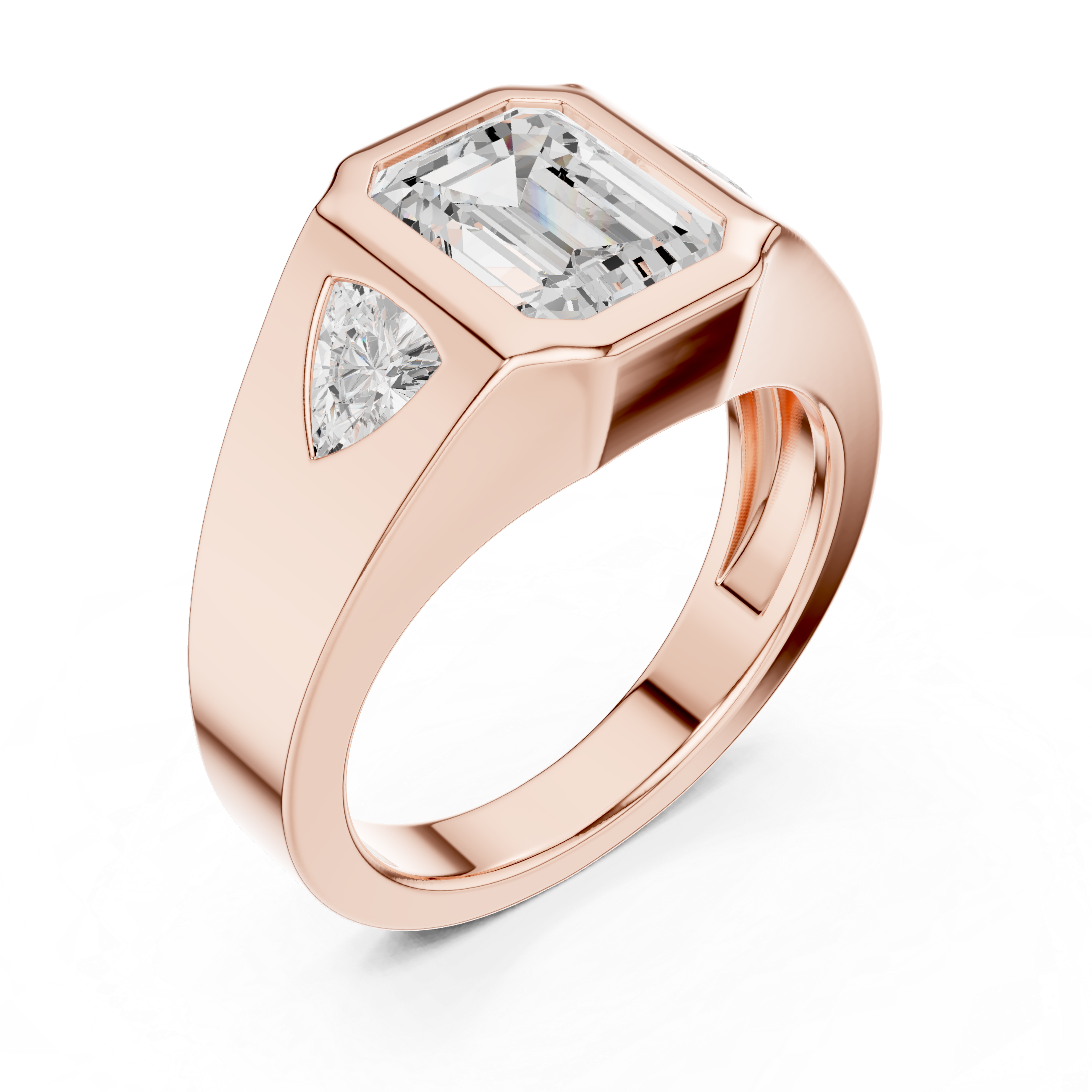 Emerald-Cut Three-Stone Signet Ring with Trillion Side Stones