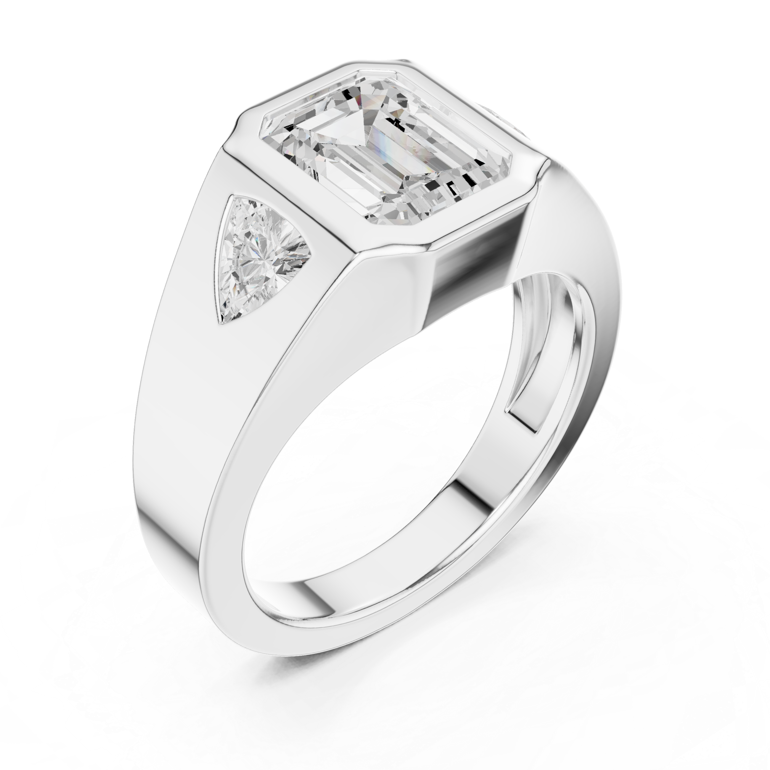 Emerald-Cut Three-Stone Signet Ring with Trillion Side Stones