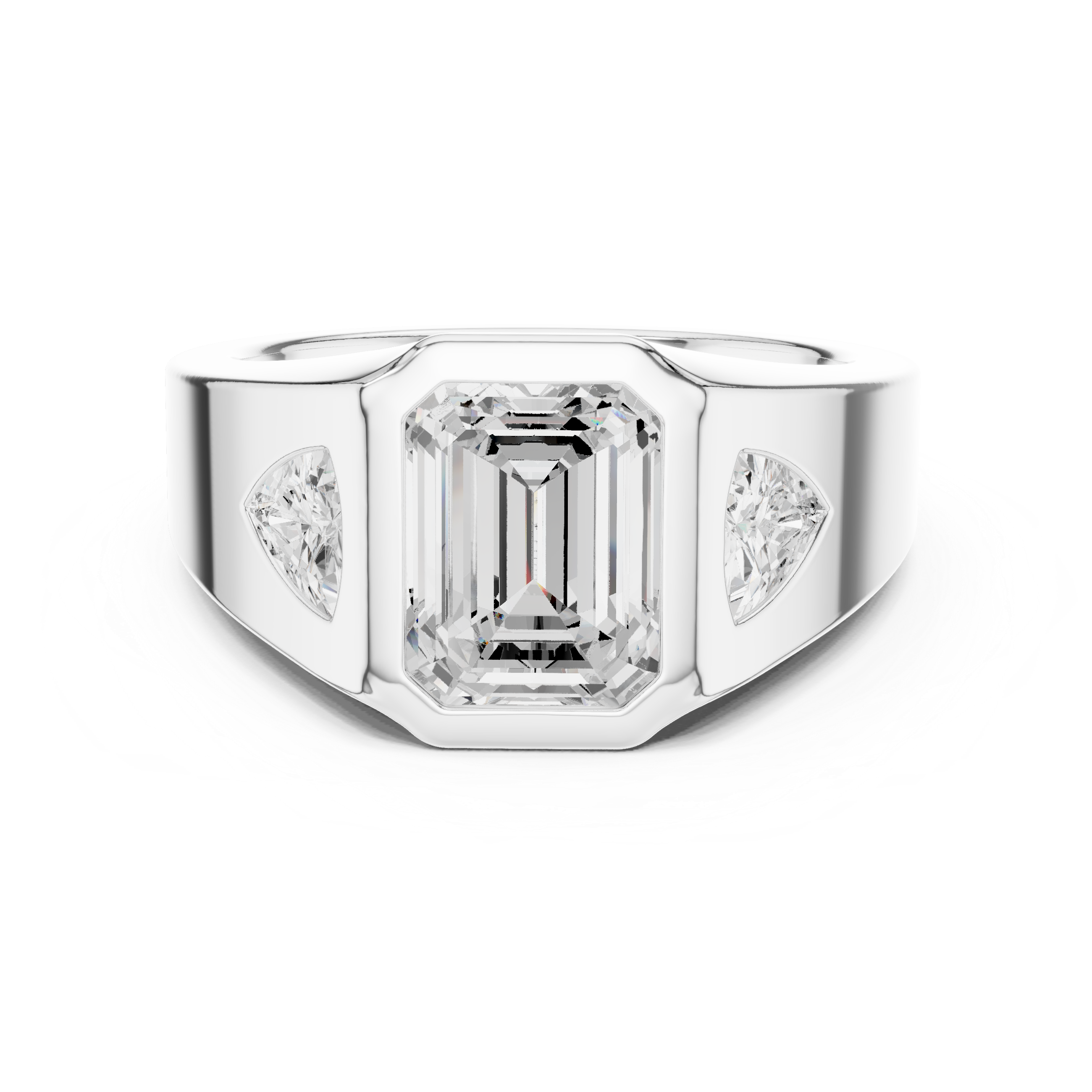 Emerald-Cut Three-Stone Signet Ring with Trillion Side Stones