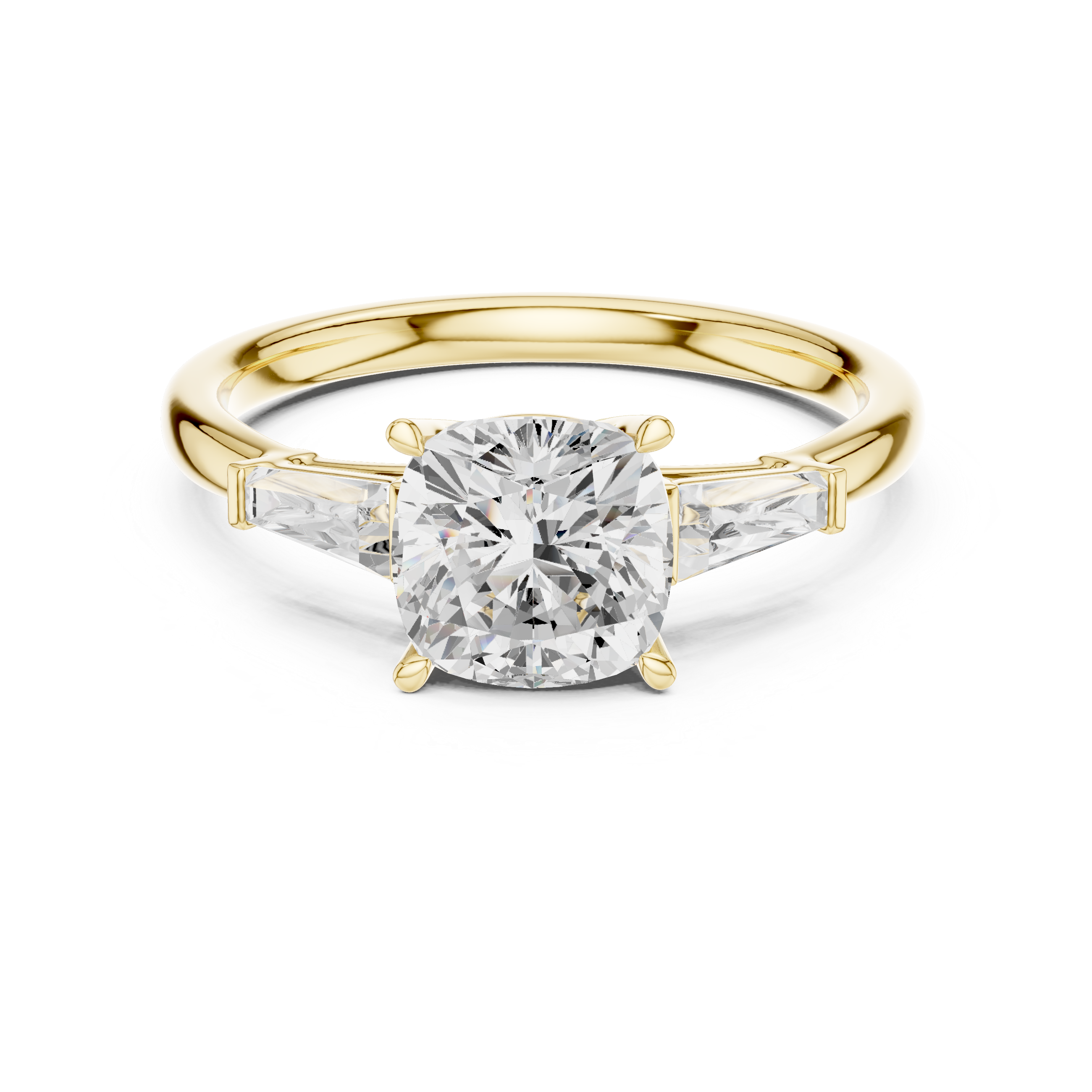 Cushion Cut Three Stone Engagement Ring with Tapered Baguette Side Diamonds