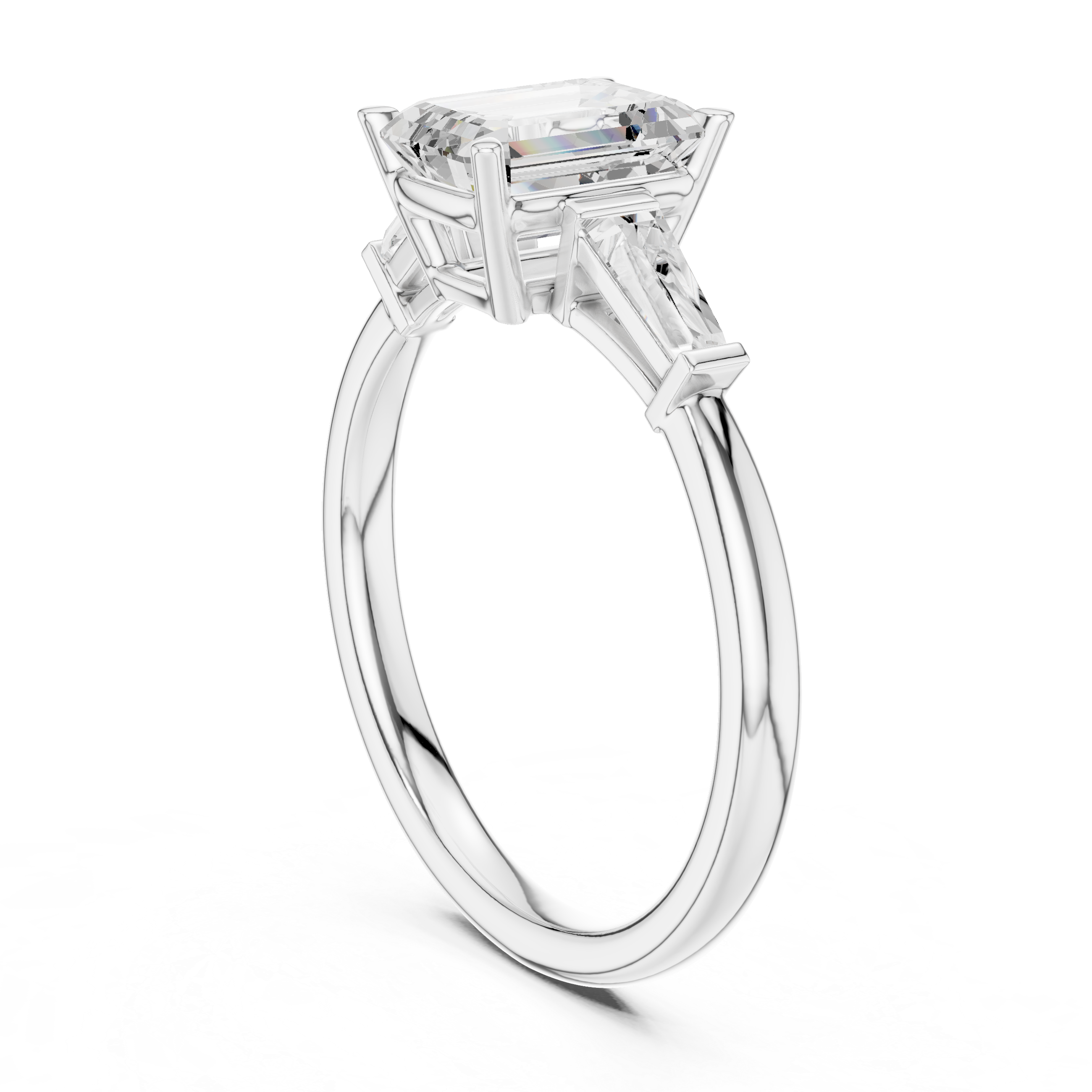 Emerald Cut Three Stone Engagement Ring with Tapered Baguette Side Diamonds