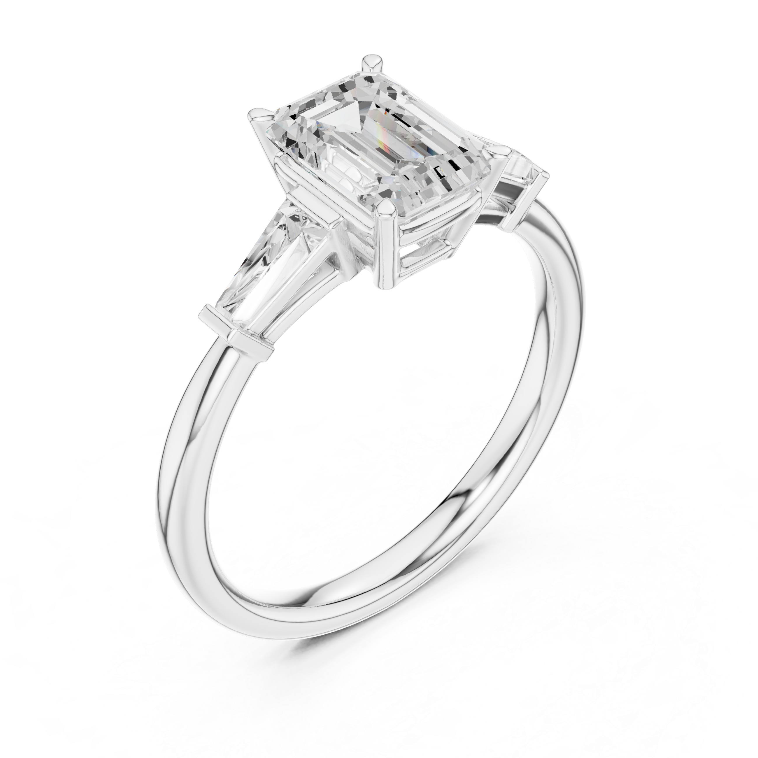 Emerald Cut Three Stone Engagement Ring with Tapered Baguette Side Diamonds