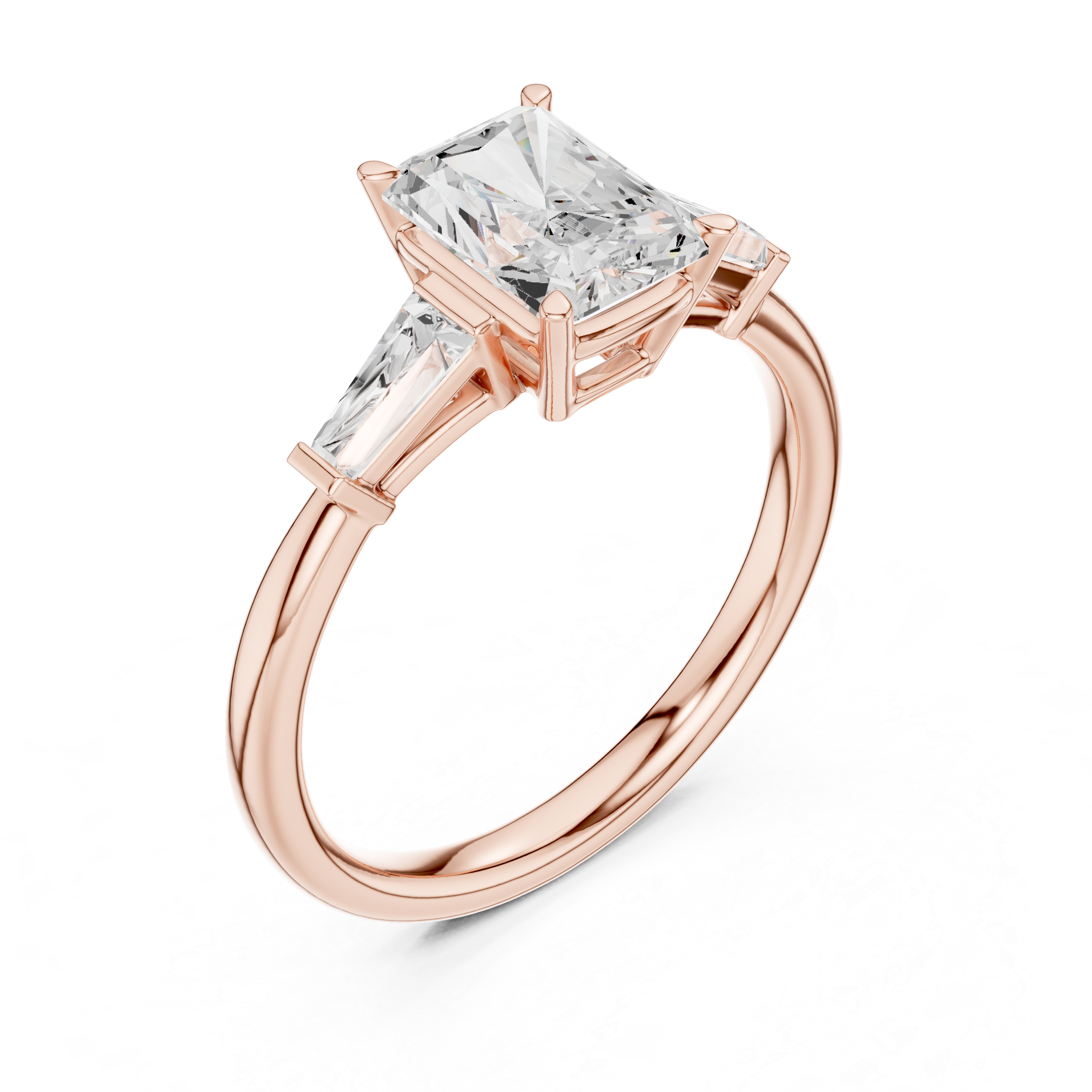 Radiant Cut Three Stone Engagement Ring with Tapered Baguette Side Diamonds
