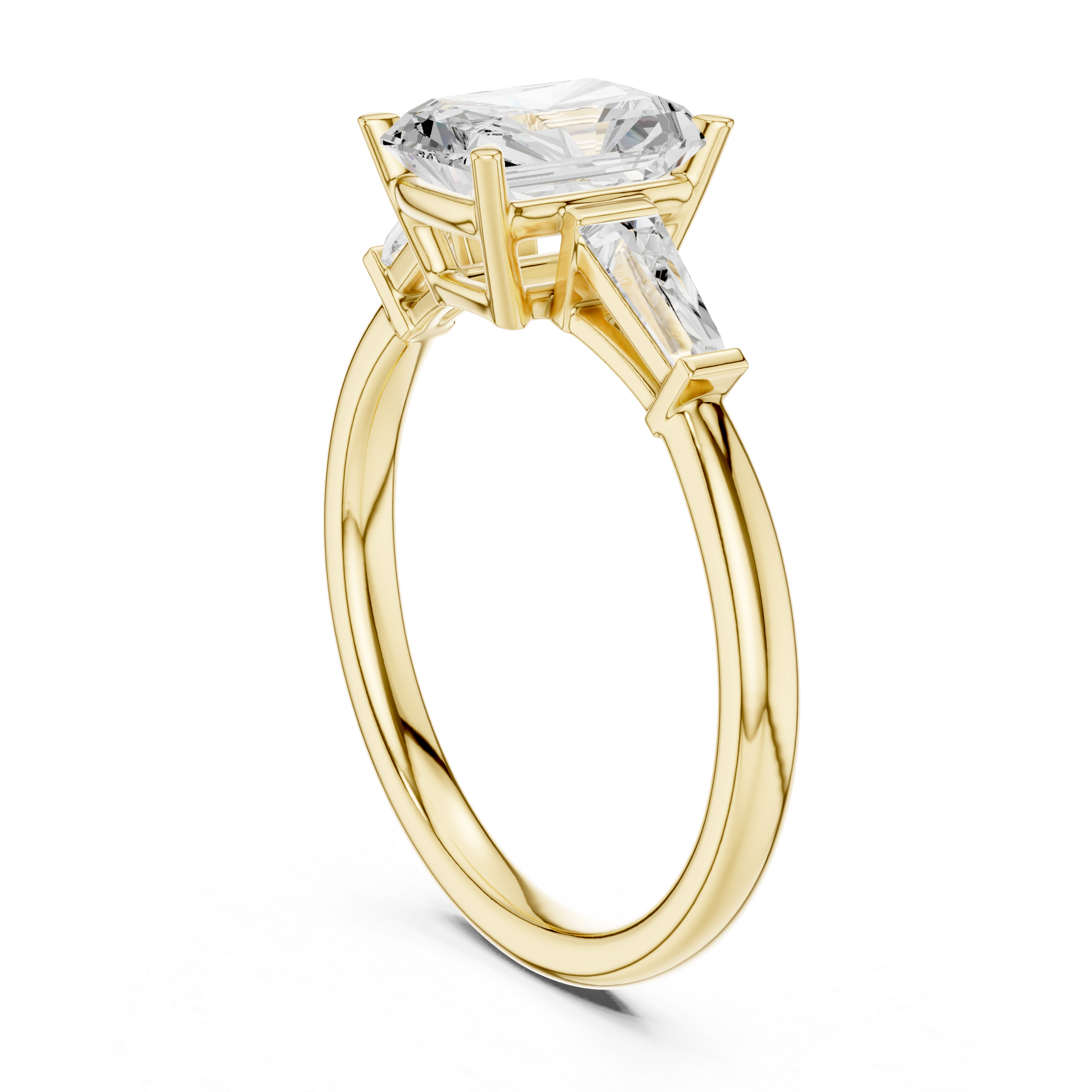 Radiant Cut Three Stone Engagement Ring with Tapered Baguette Side Diamonds