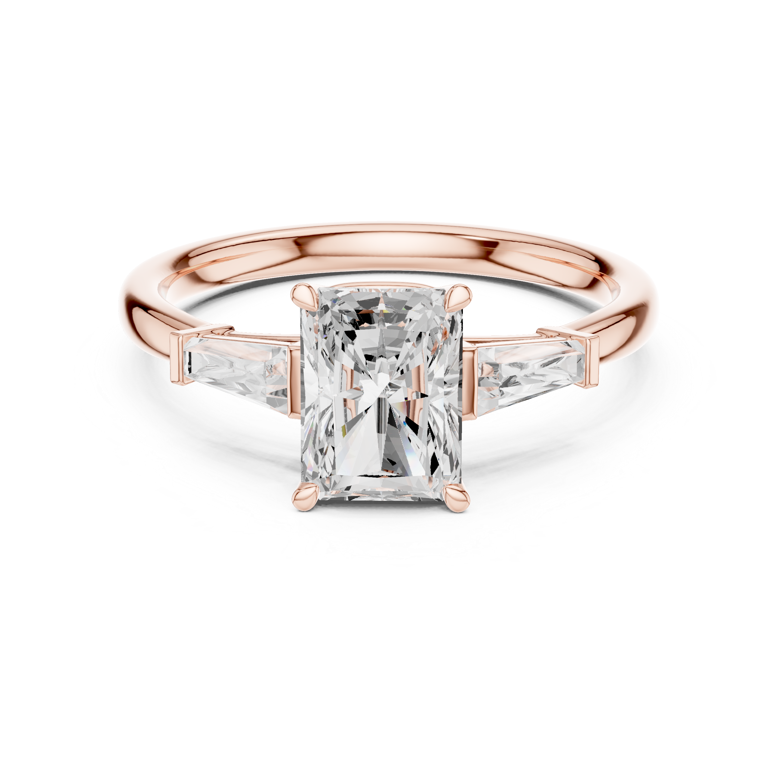 Radiant Cut Three Stone Engagement Ring with Tapered Baguette Side Diamonds