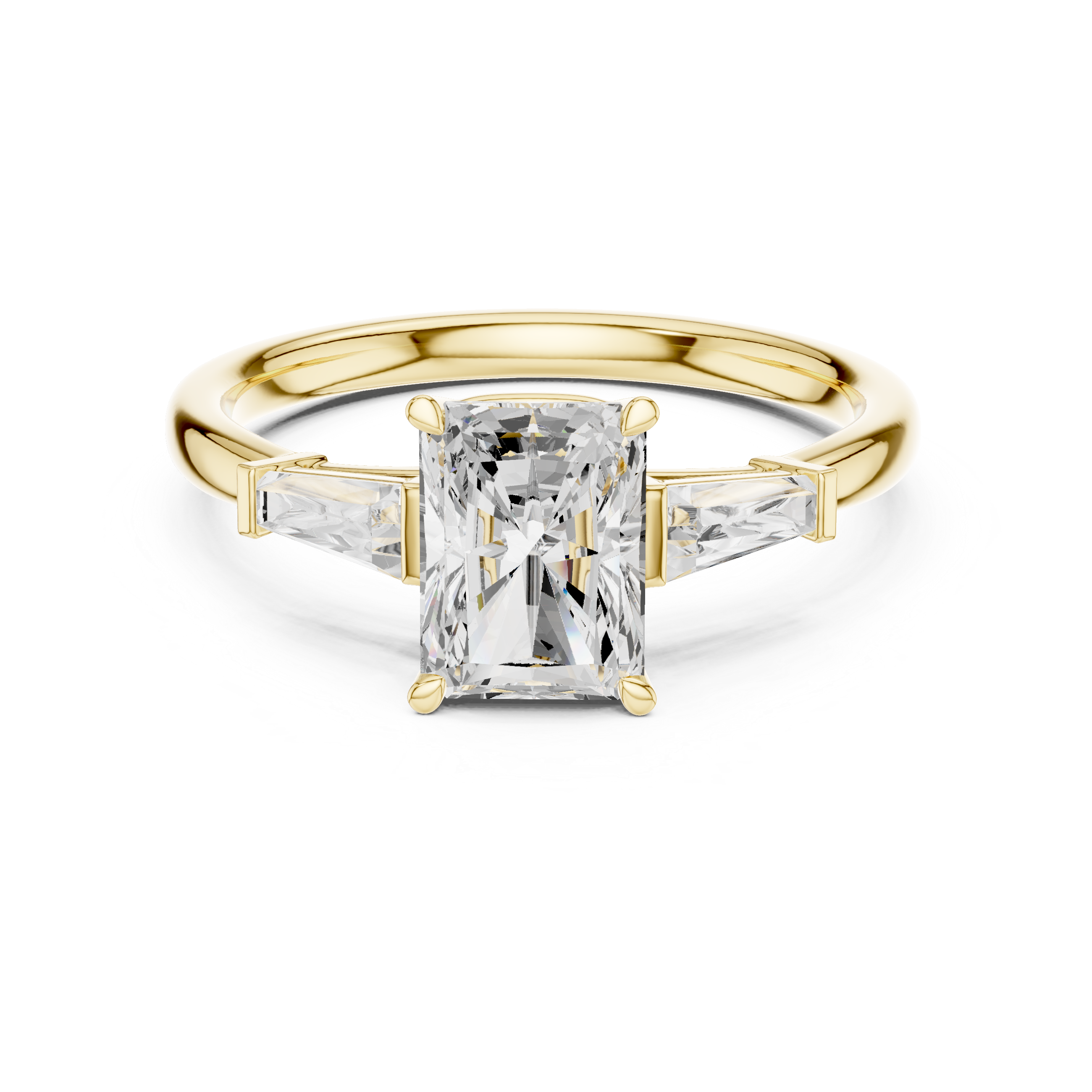 Radiant Cut Three Stone Engagement Ring with Tapered Baguette Side Diamonds