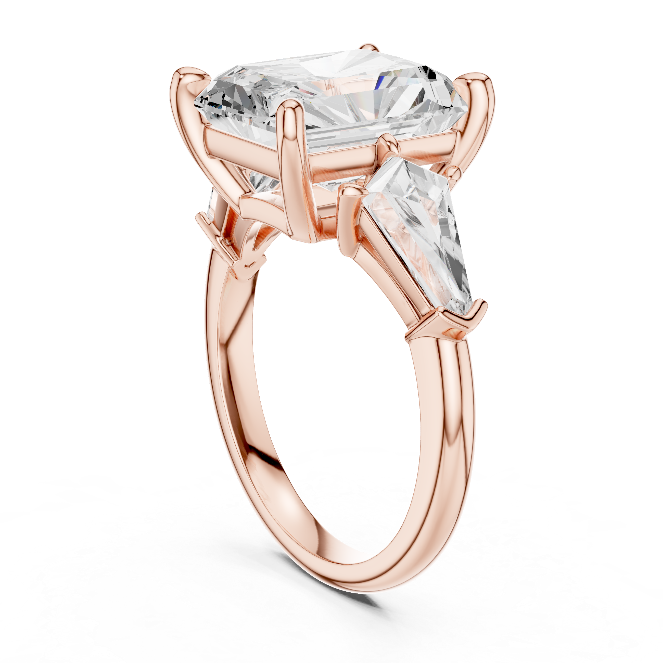 Radiant-Cut Three-Stone Ring with Shield-Cut Side Stones