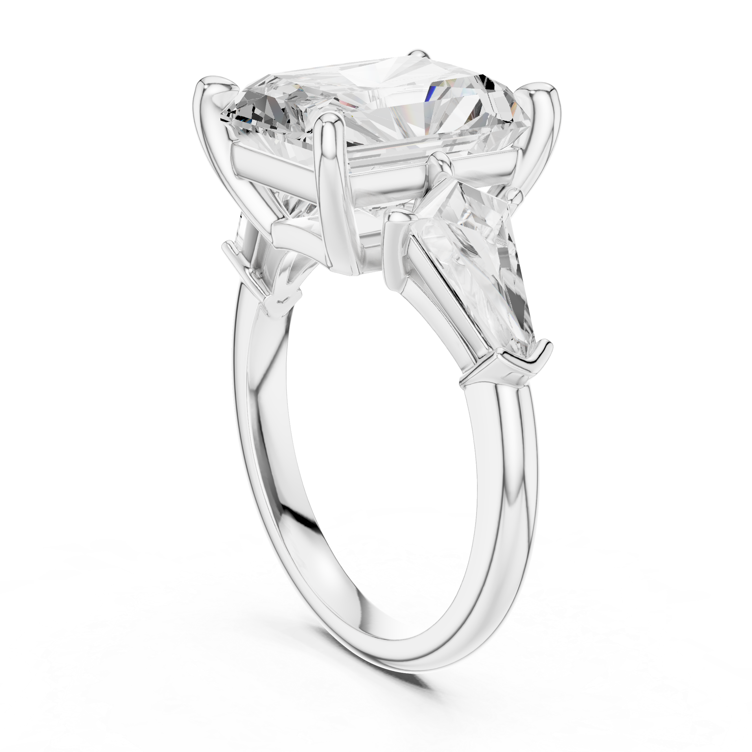 Radiant-Cut Three-Stone Ring with Shield-Cut Side Stones