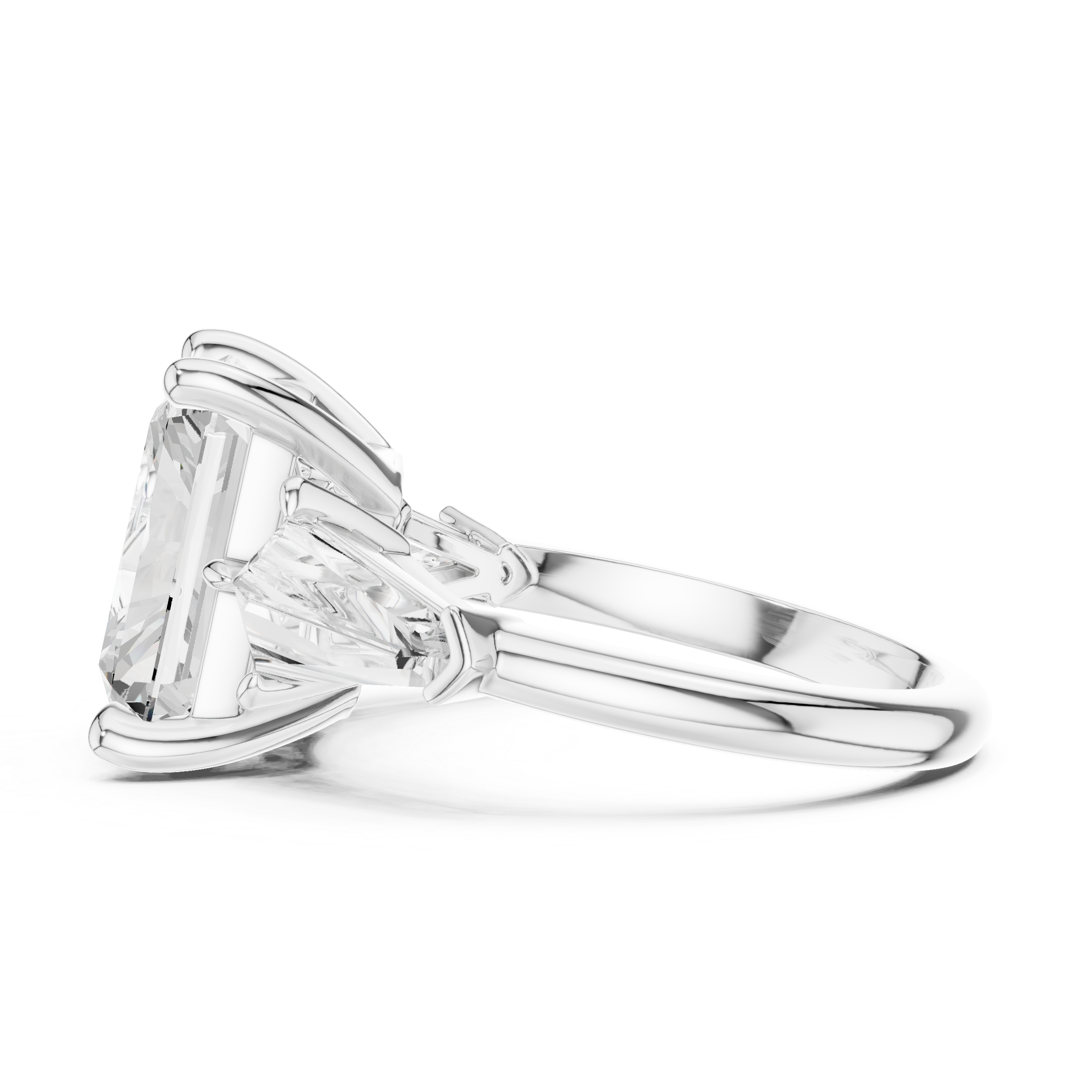 Radiant-Cut Three-Stone Ring with Shield-Cut Side Stones