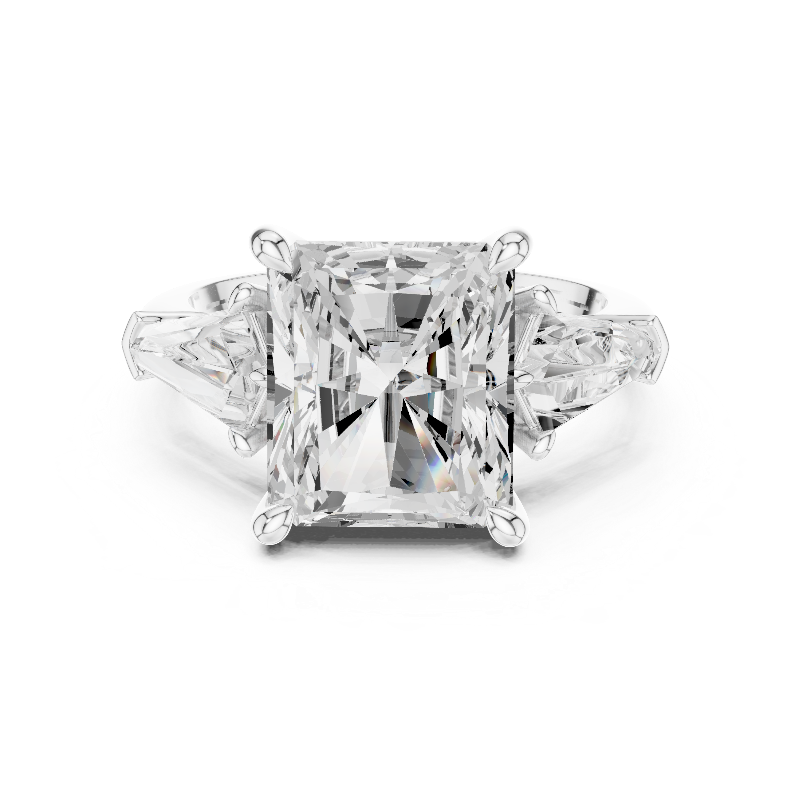 Radiant-Cut Three-Stone Ring with Shield-Cut Side Stones