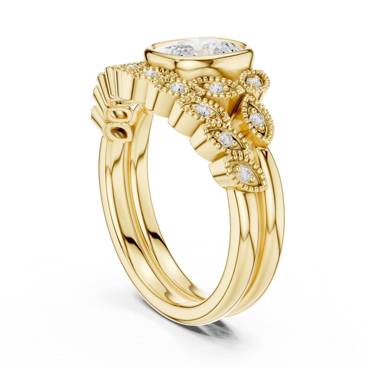 Cushion-Cut Bezel-Set Vintage Leaf Bridal Ring Set
