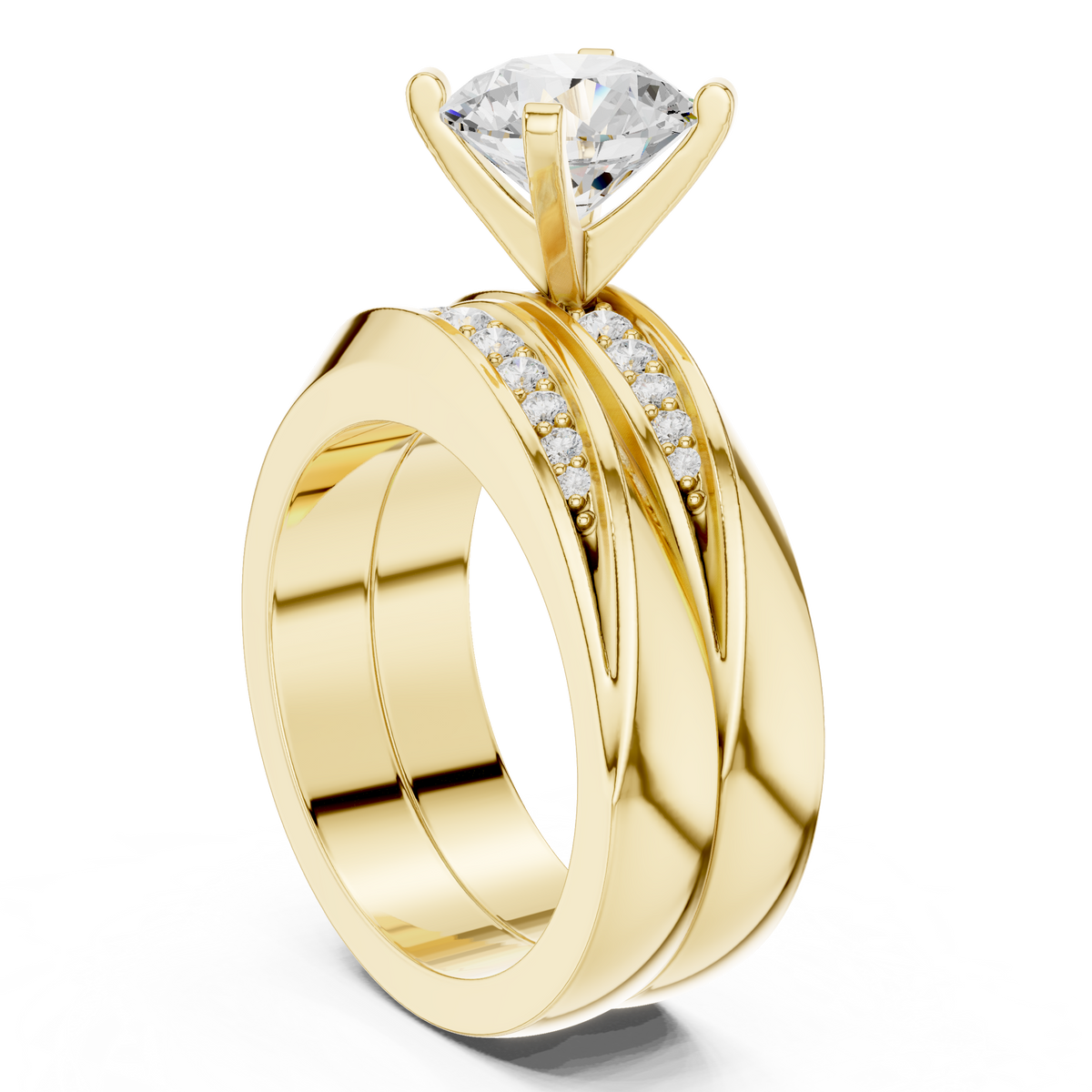 Round-Cut Two-Piece Curved Channel Accent Bridal Ring Set