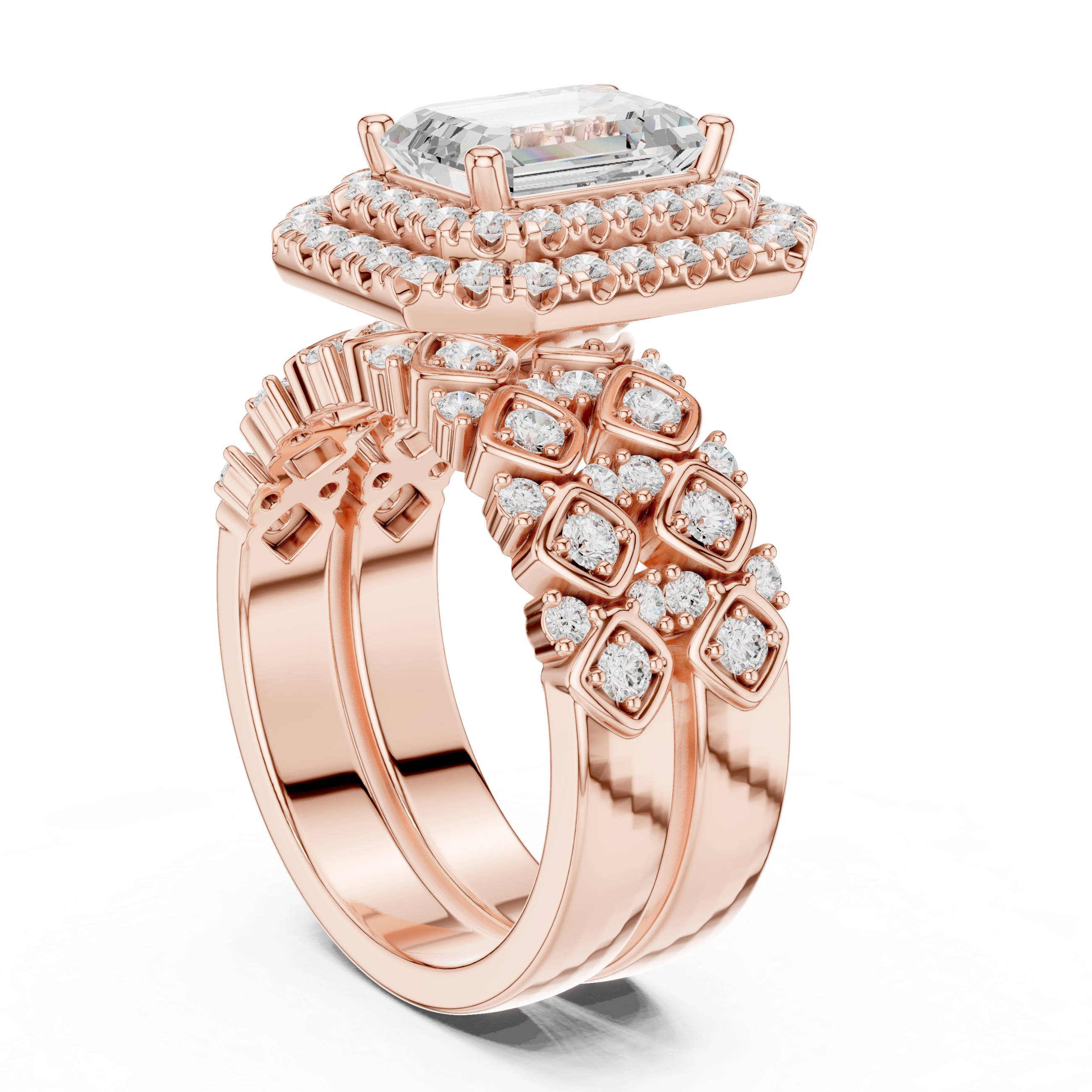 Emerald-Cut Double Halo Vintage Bridal Ring Set