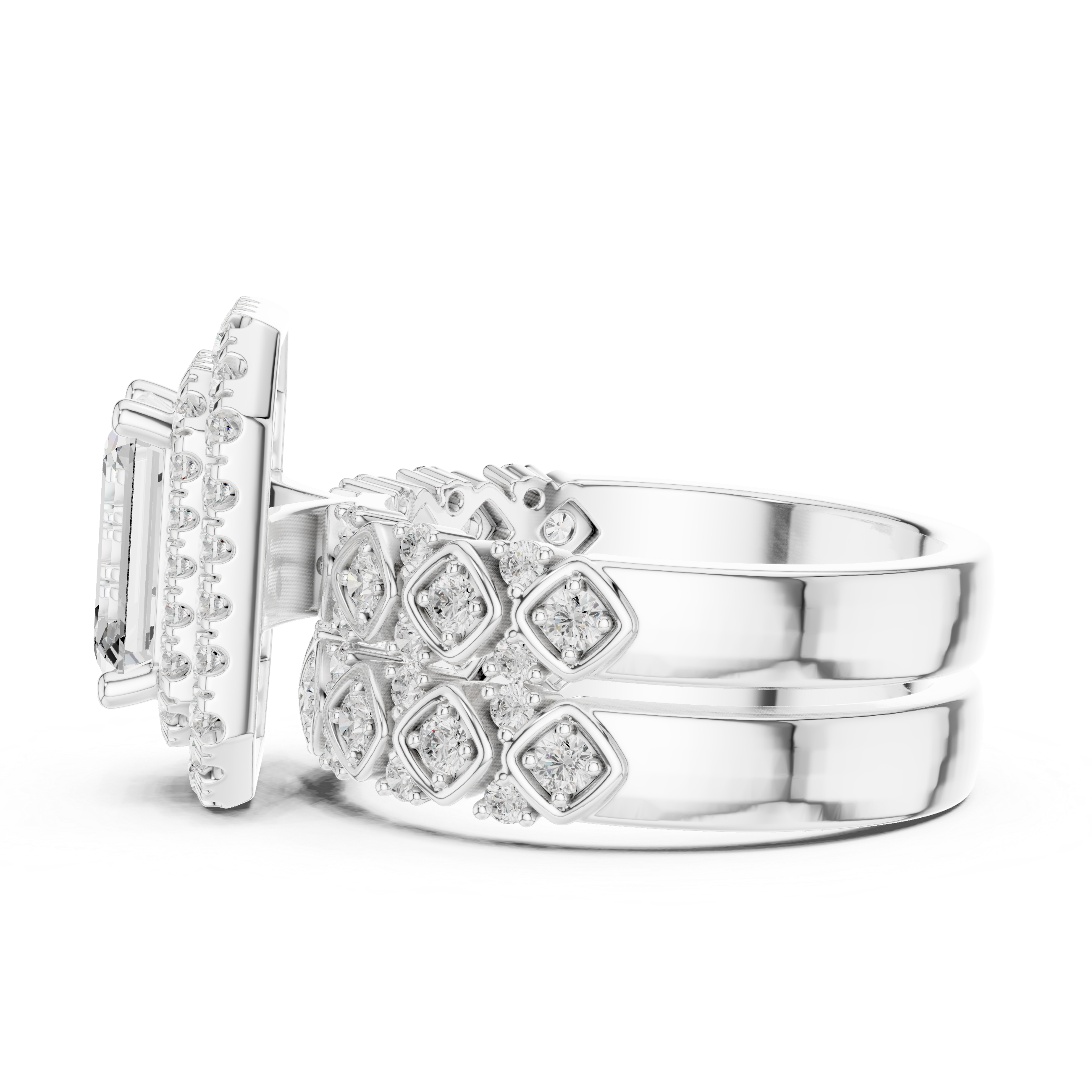 Emerald-Cut Double Halo Vintage Bridal Ring Set
