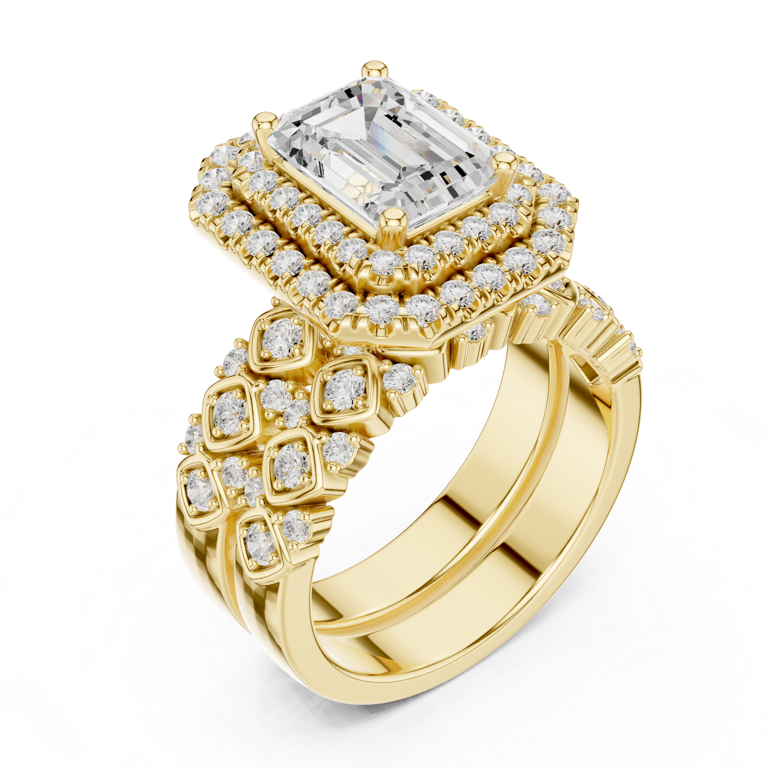 Emerald-Cut Double Halo Vintage Bridal Ring Set