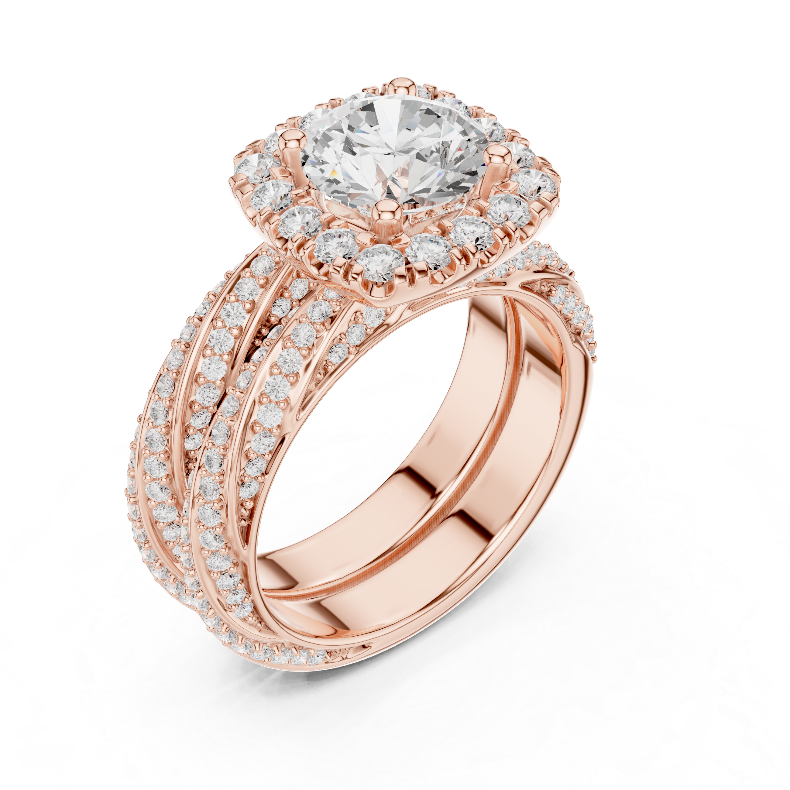 Round-Cut Halo Three-Piece Twisted Bridal Ring Set