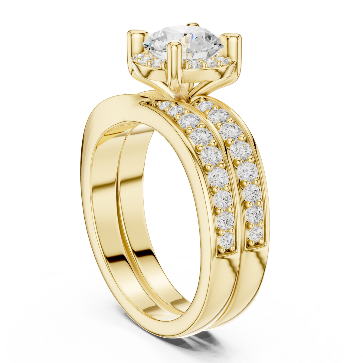 Round-Cut Halo Bridal Ring Set with Double-Row Diamond Accents