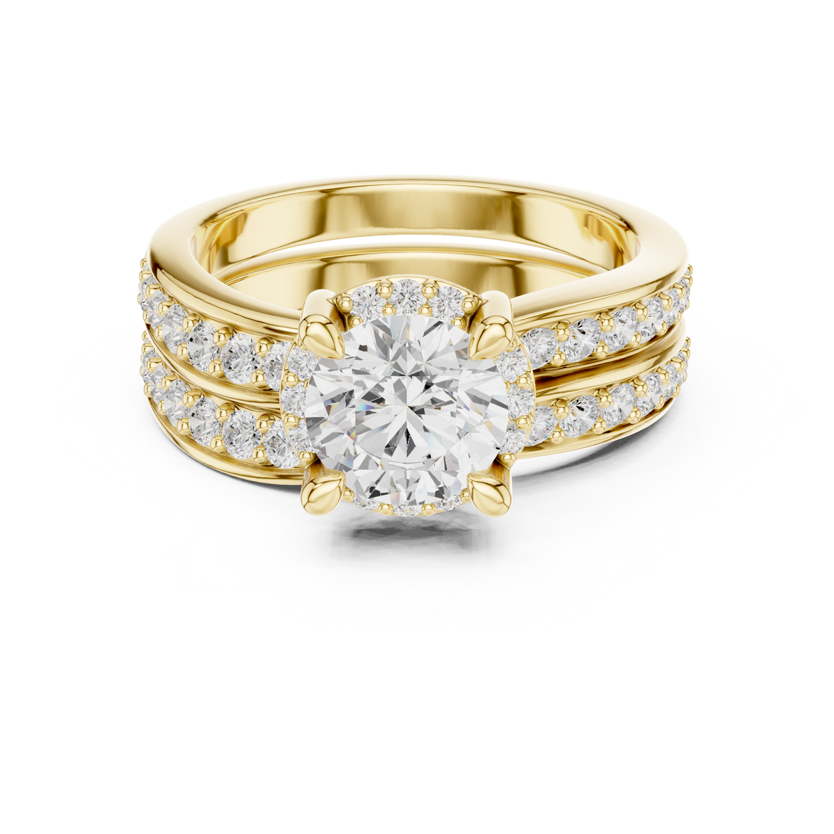 Round-Cut Halo Bridal Ring Set with Double-Row Diamond Accents