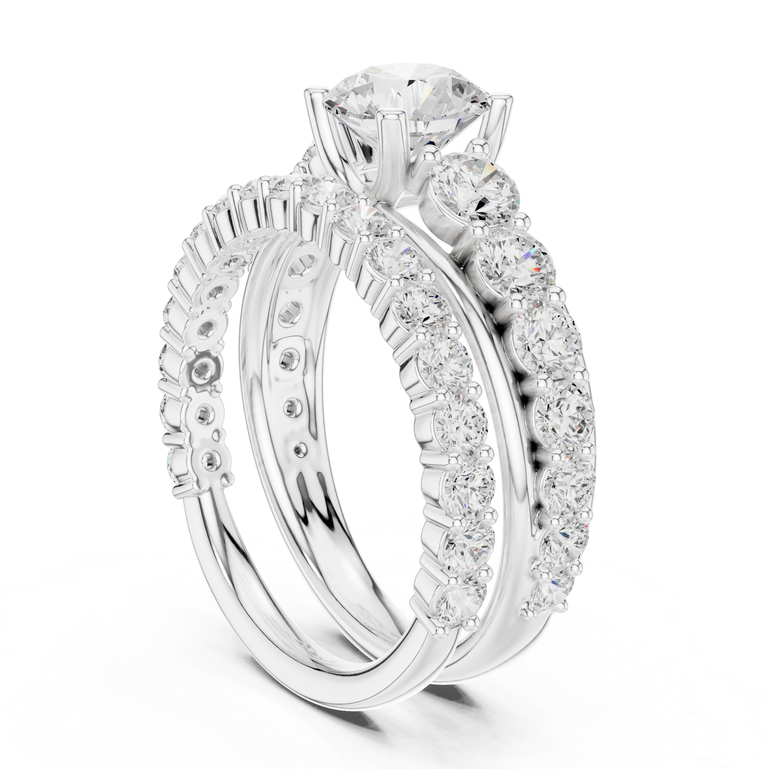 Round-Cut Three-Row Bridal Ring Set with Graduated Diamond Accents