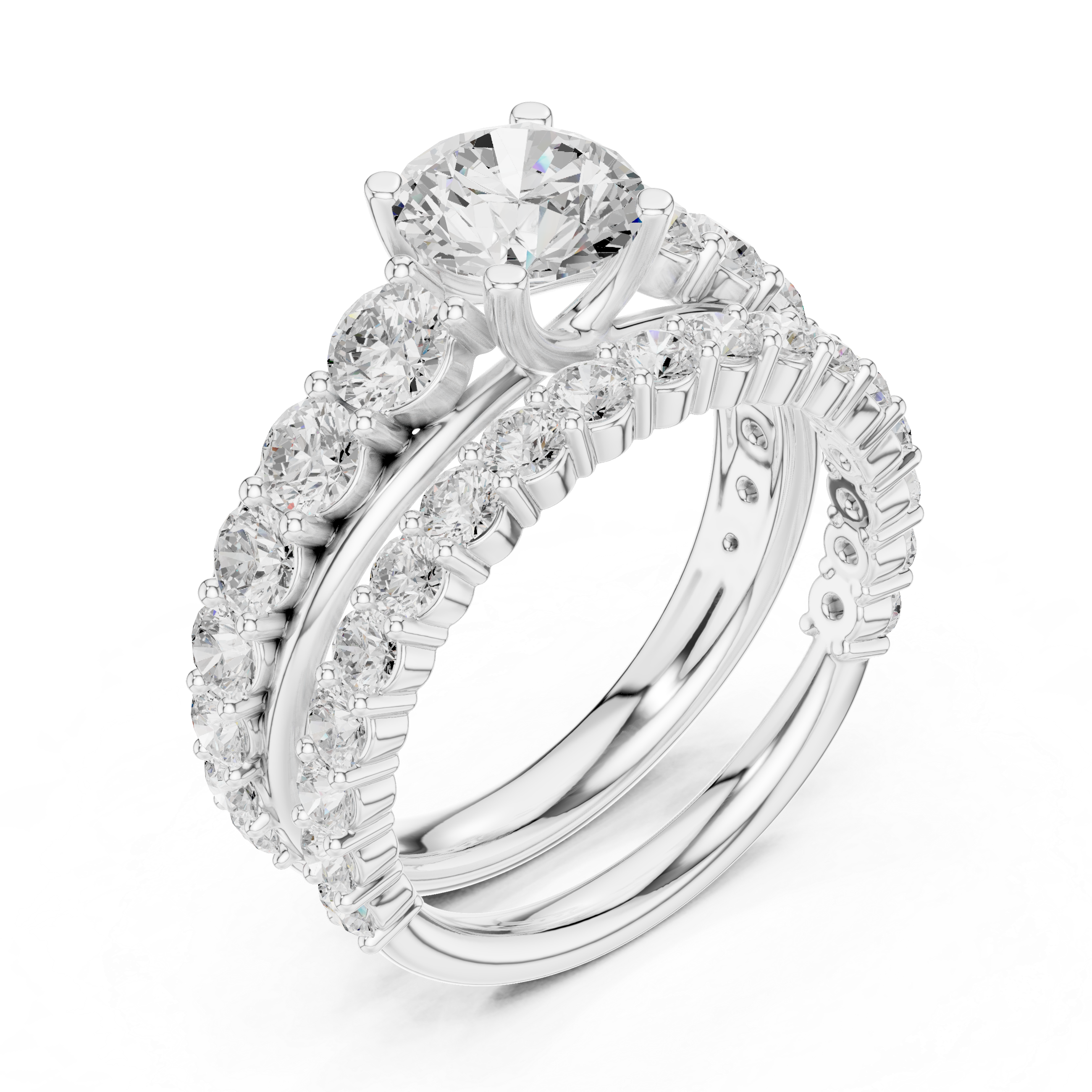 Round-Cut Three-Row Bridal Ring Set with Graduated Diamond Accents