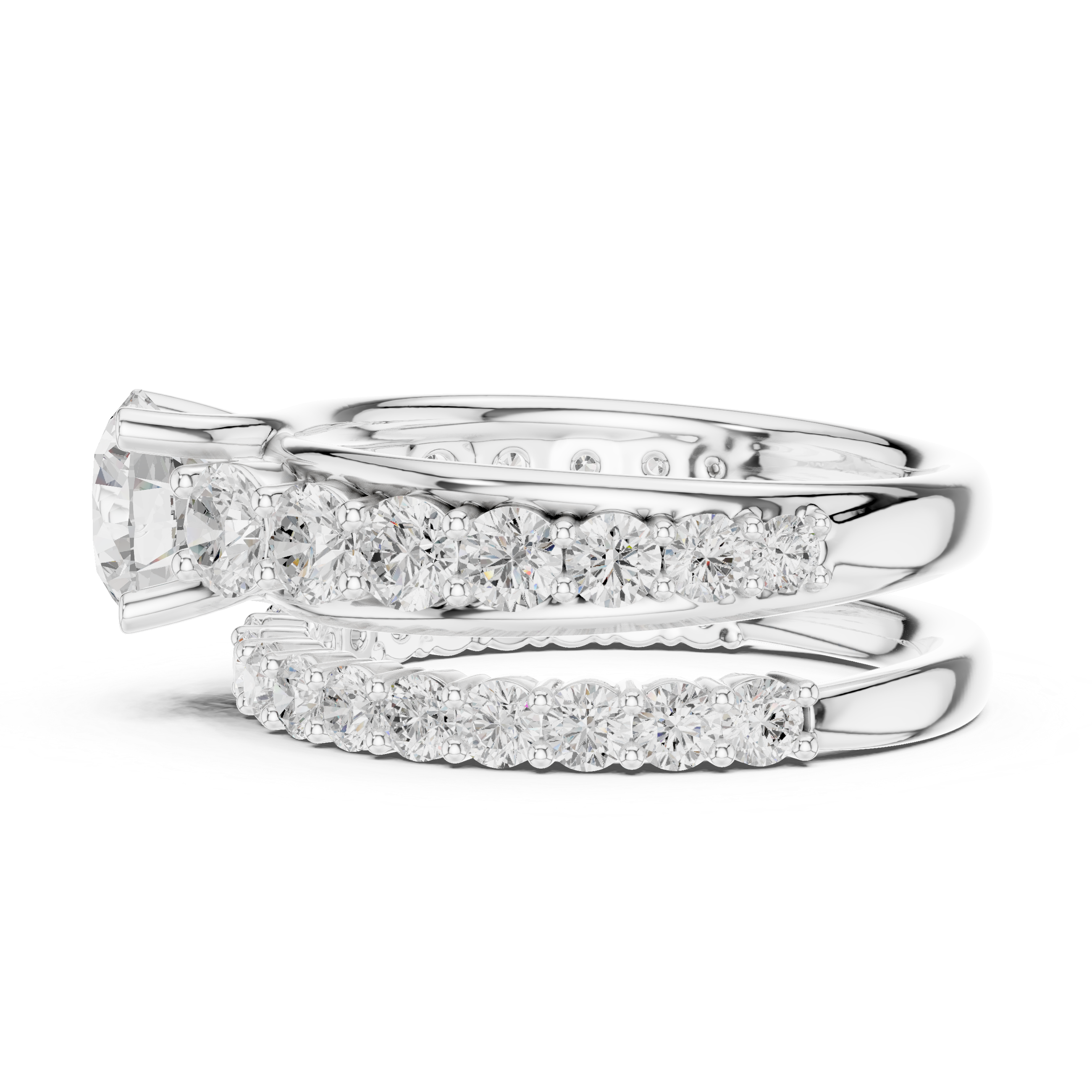 Round-Cut Three-Row Bridal Ring Set with Graduated Diamond Accents