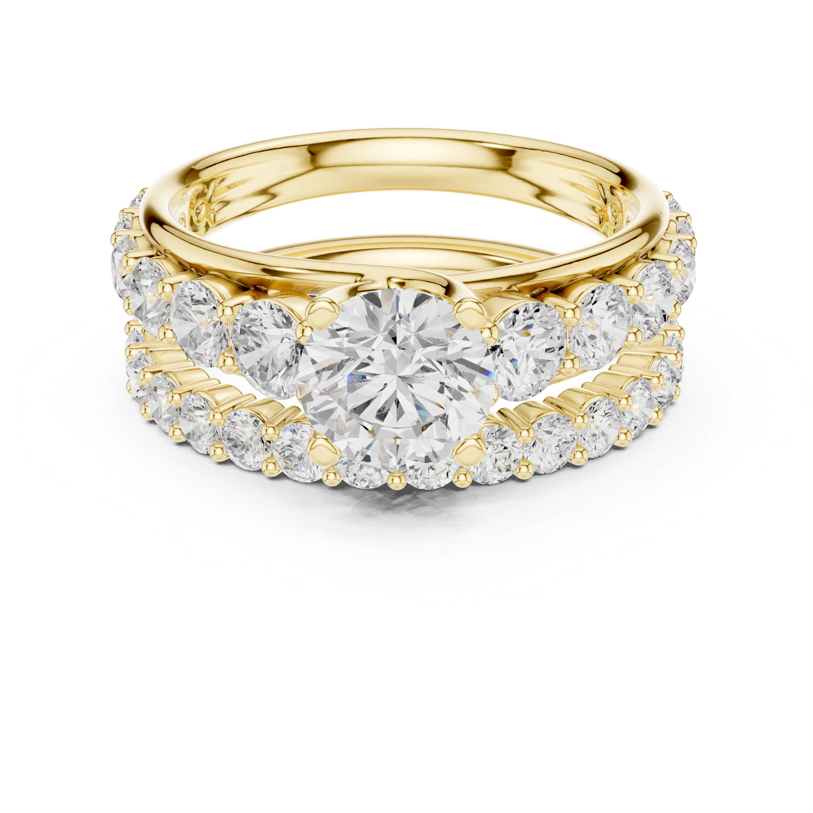 Round-Cut Three-Row Bridal Ring Set with Graduated Diamond Accents