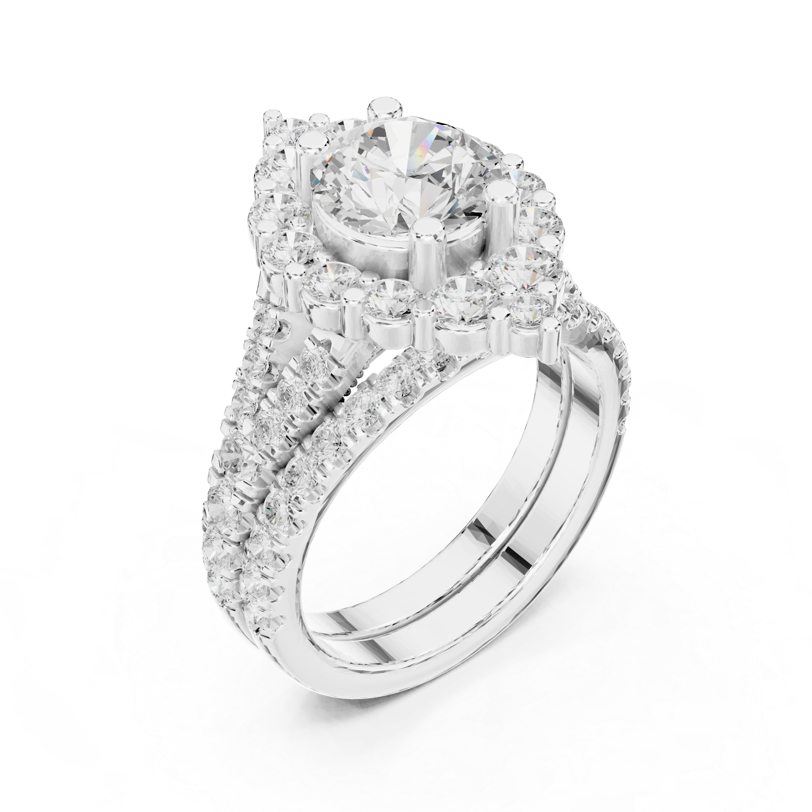 Vintage-Inspired Round Halo Engagement Ring and Crown Wedding Band Set