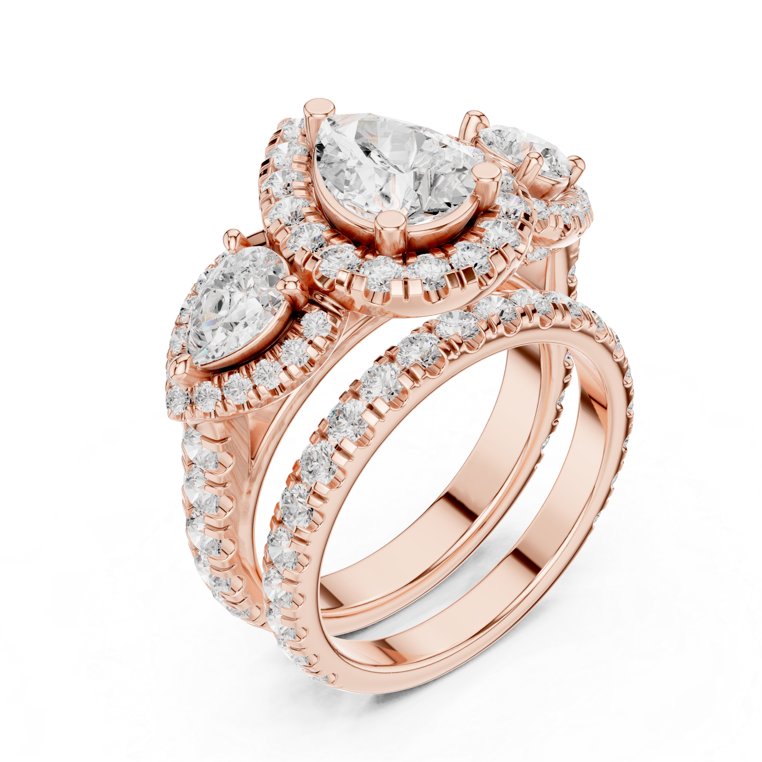 Pear-Cut Halo Three-Stone Engagement Ring and Contour Wedding Band Set