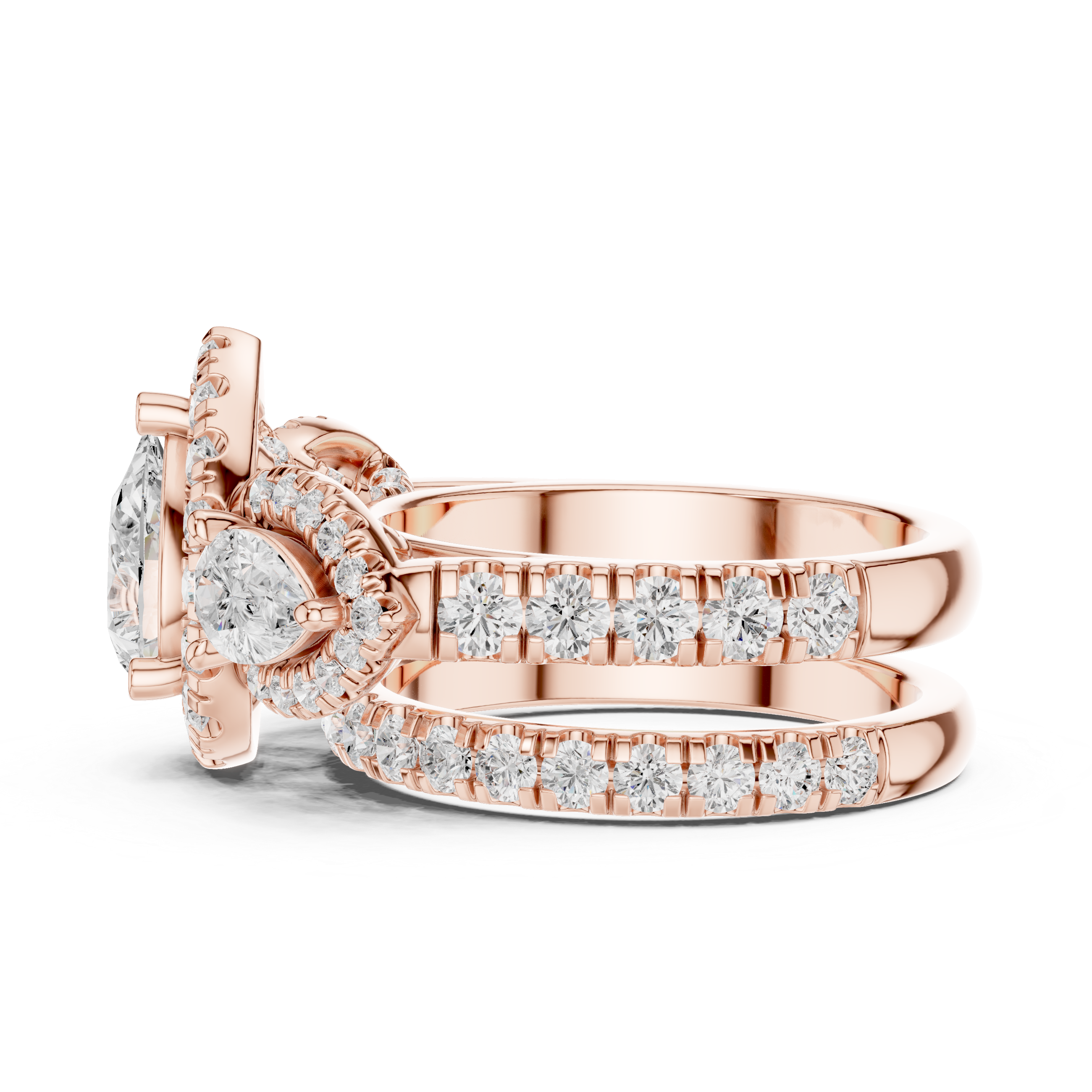 Pear-Cut Halo Three-Stone Engagement Ring and Contour Wedding Band Set