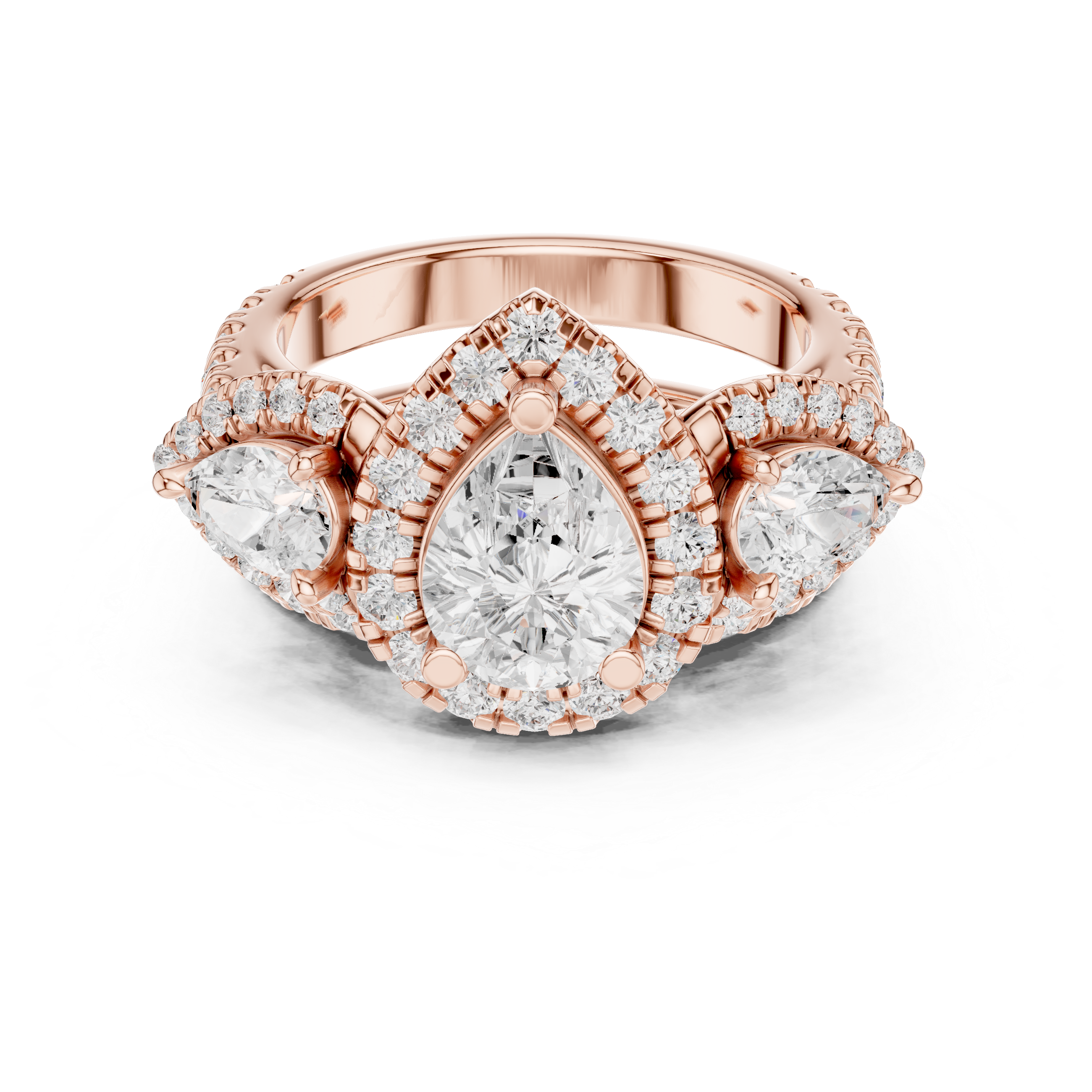 Pear-Cut Halo Three-Stone Engagement Ring and Contour Wedding Band Set