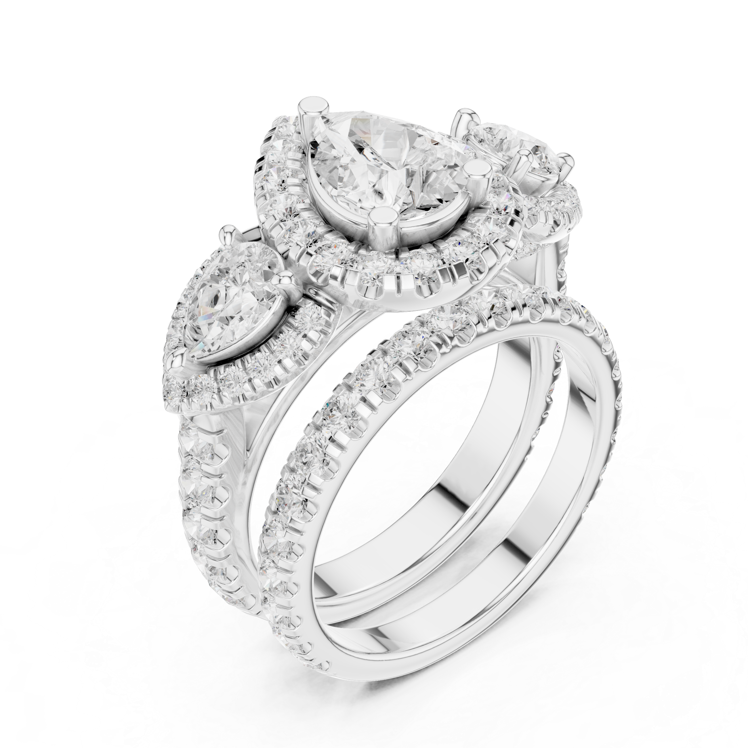 Pear-Cut Halo Three-Stone Engagement Ring and Contour Wedding Band Set
