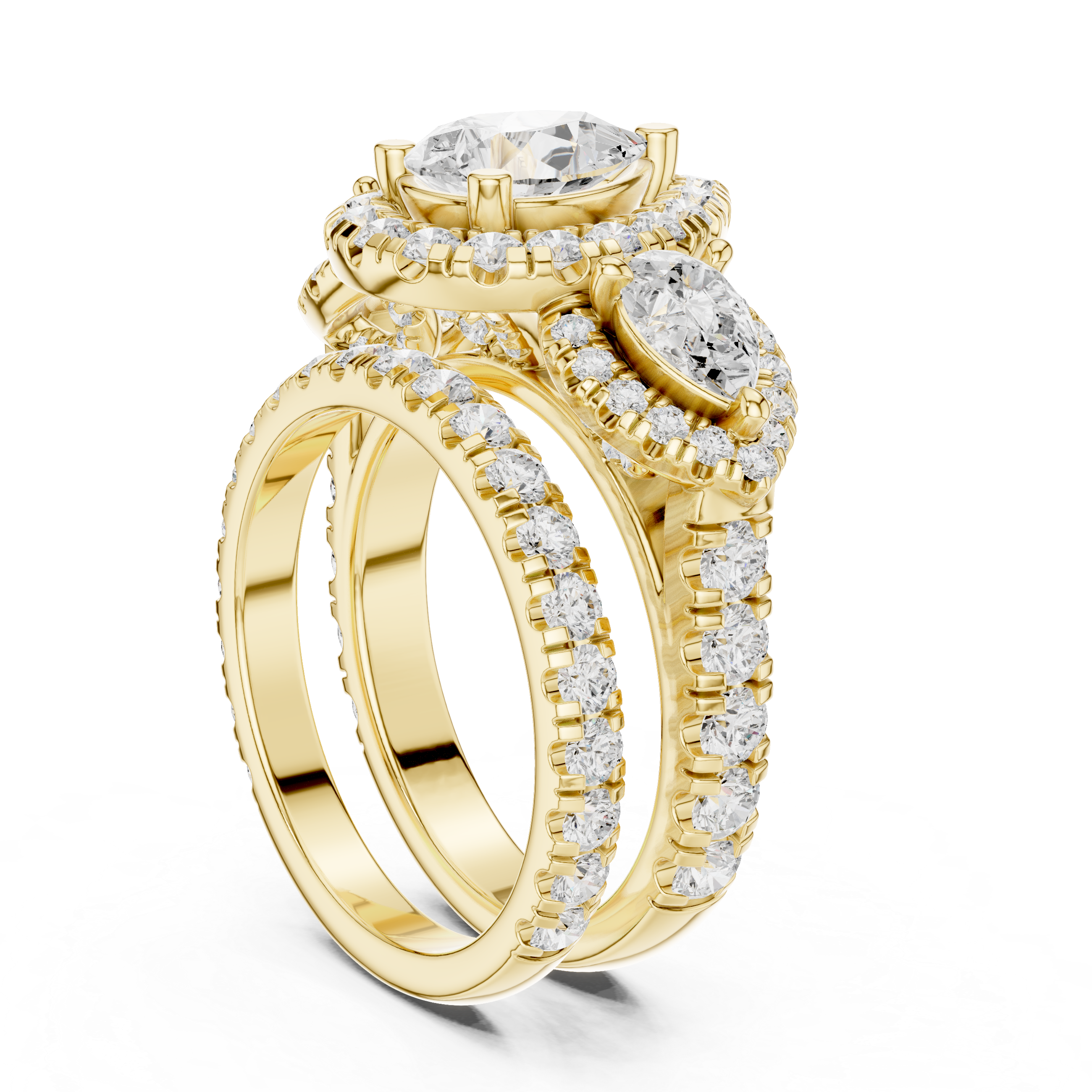 Pear-Cut Halo Three-Stone Engagement Ring and Contour Wedding Band Set