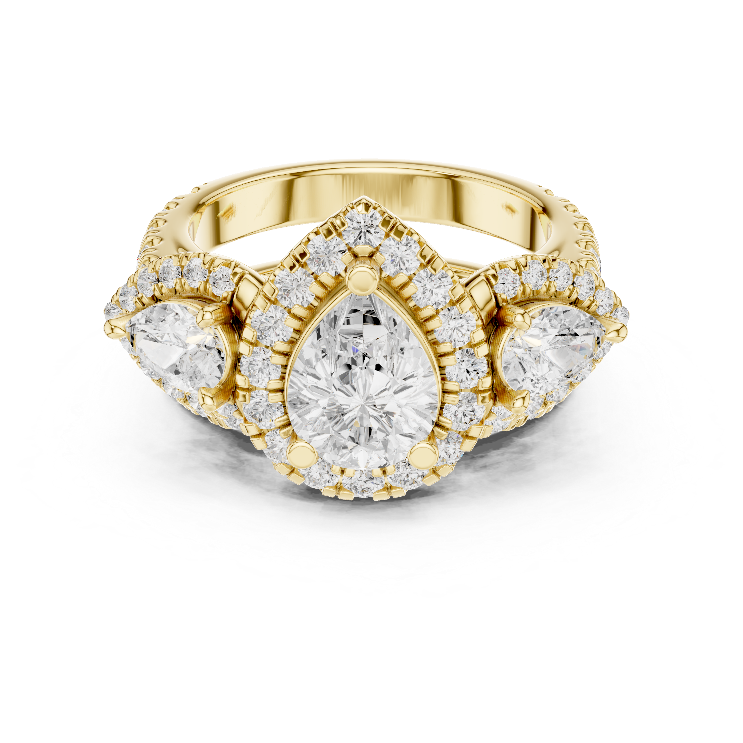 Pear-Cut Halo Three-Stone Engagement Ring and Contour Wedding Band Set