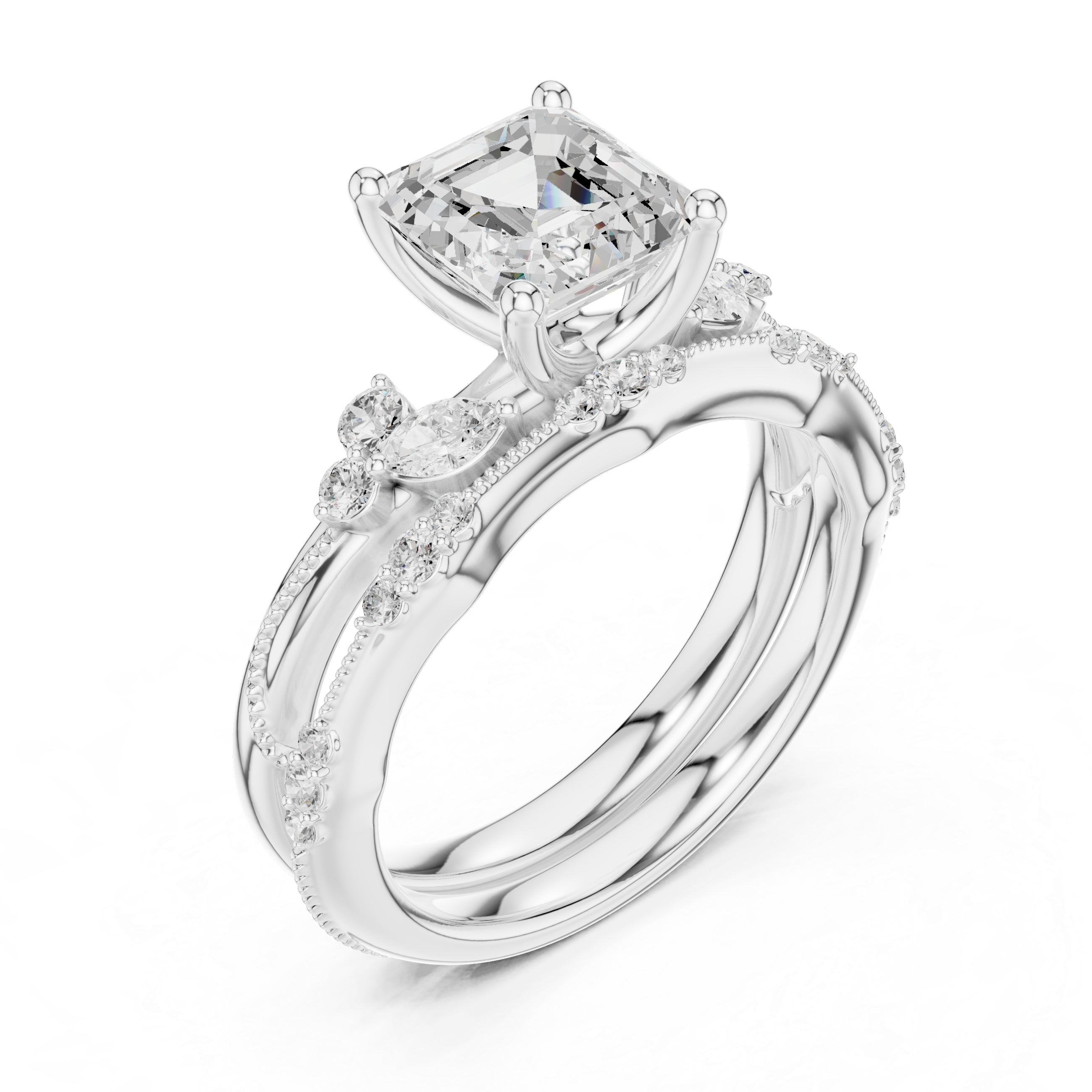 Vintage Inspired Asscher Cut Bridal Ring Set with Marquise and Pavé Diamond Accents