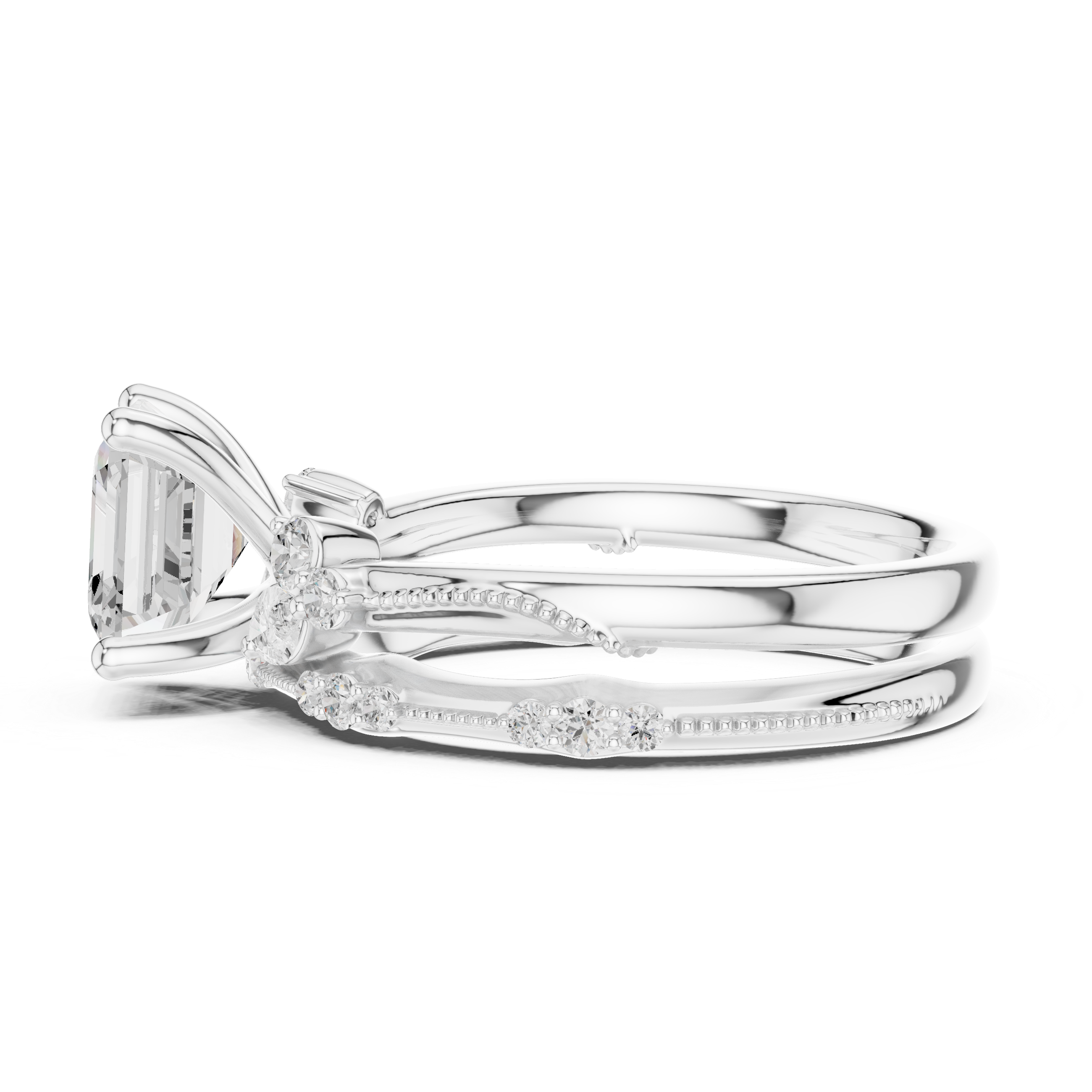 Vintage Inspired Asscher Cut Bridal Ring Set with Marquise and Pavé Diamond Accents