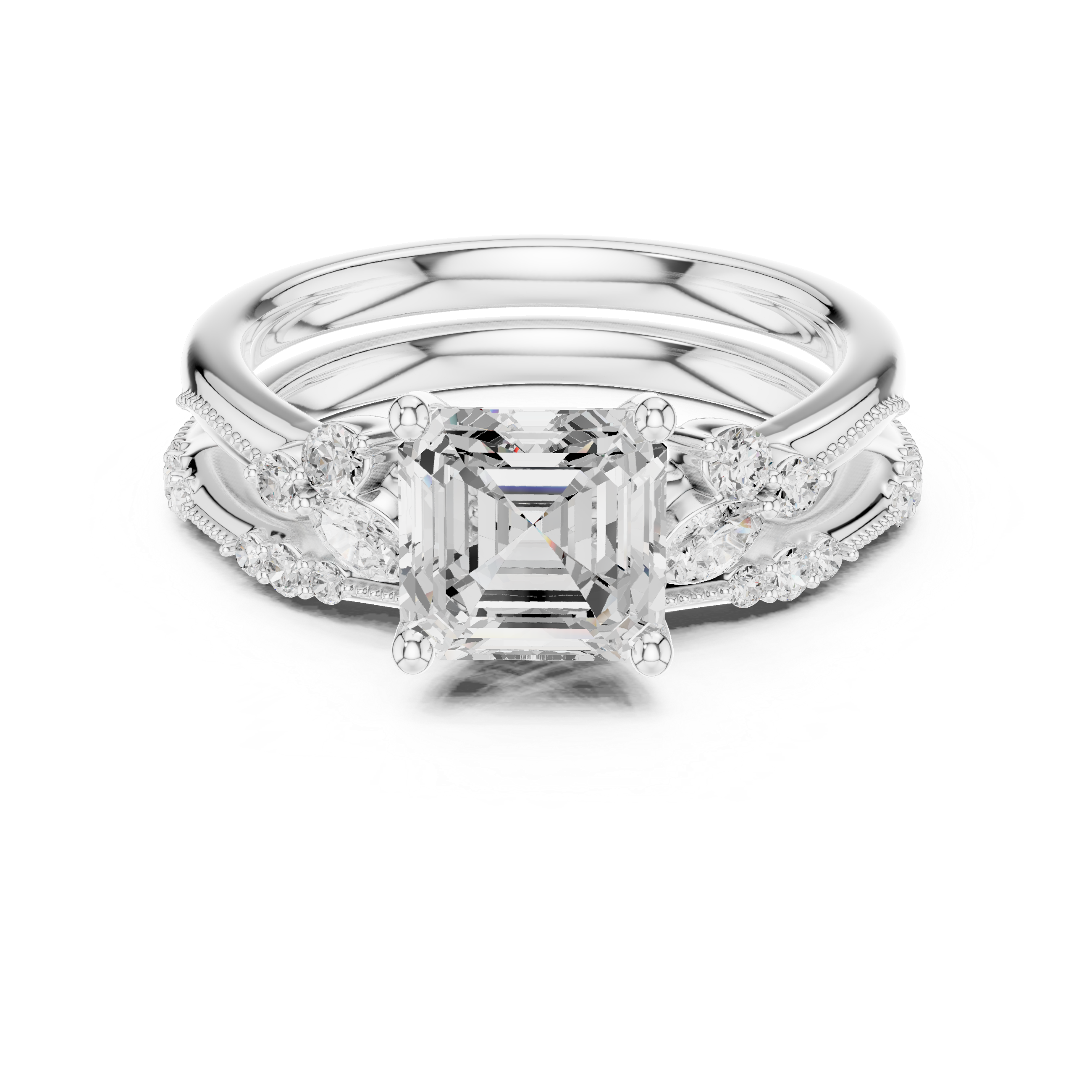 Vintage Inspired Asscher Cut Bridal Ring Set with Marquise and Pavé Diamond Accents
