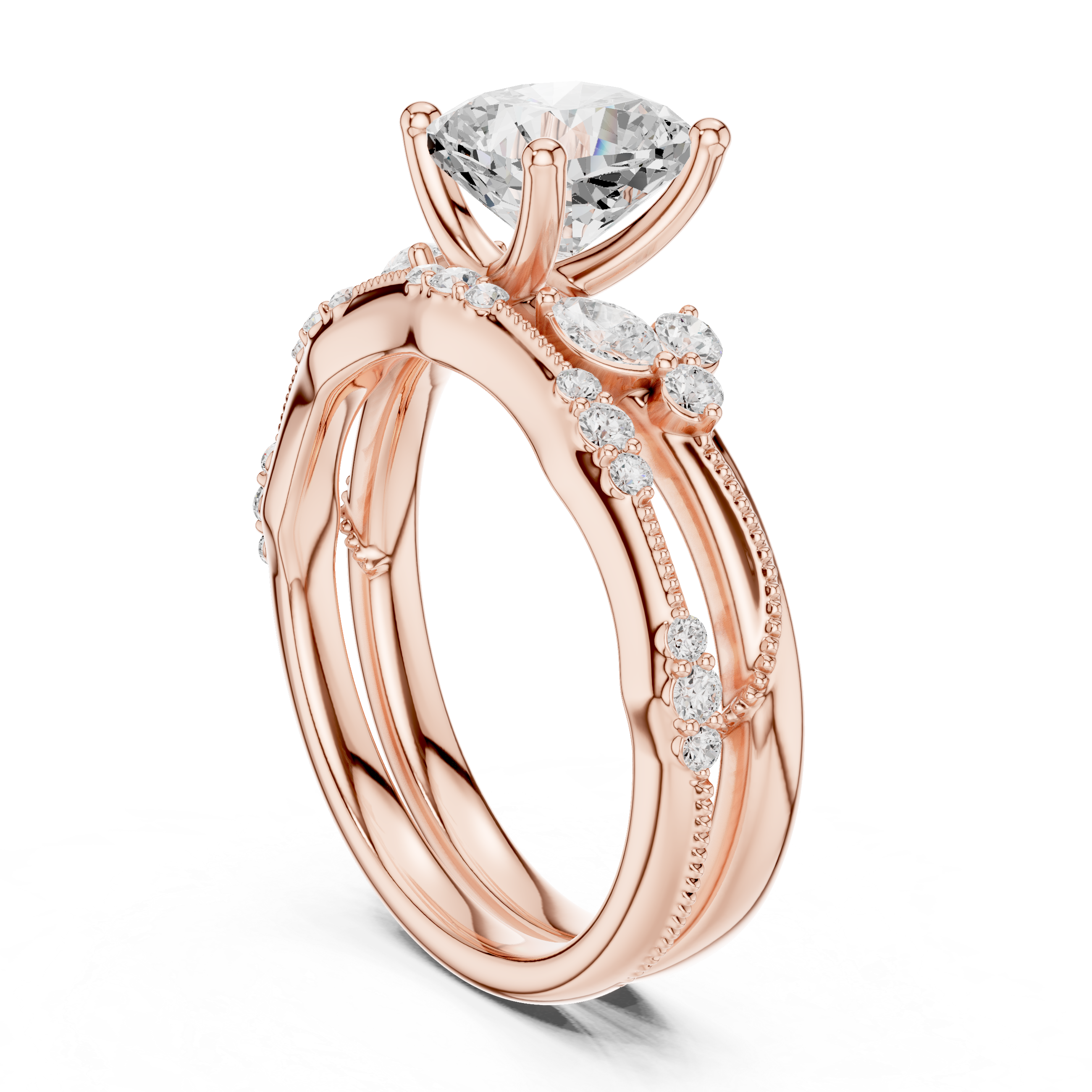 Vintage Inspired Cushion Cut Bridal Ring Set with Marquise and Pavé Diamond Accents