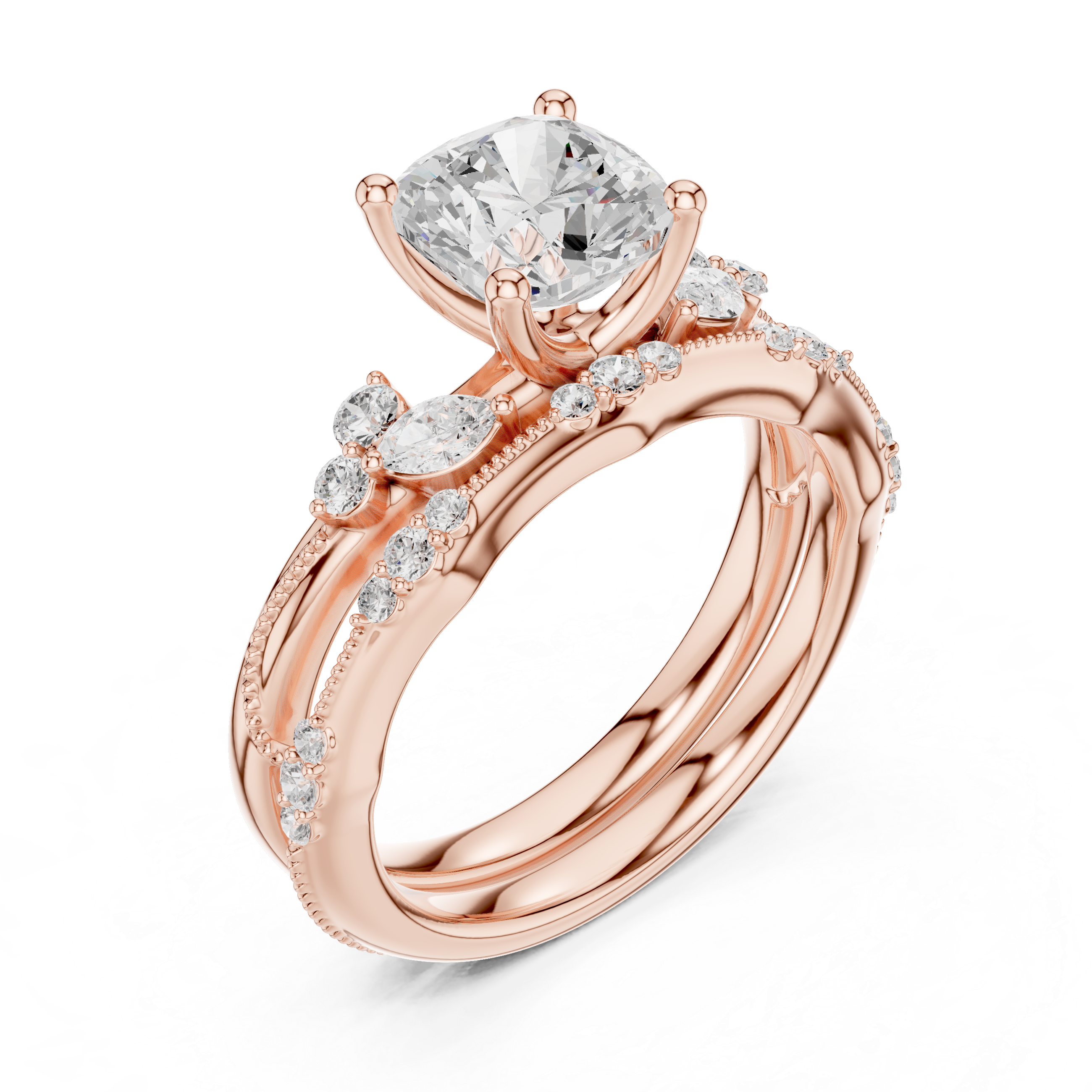Vintage Inspired Cushion Cut Bridal Ring Set with Marquise and Pavé Diamond Accents