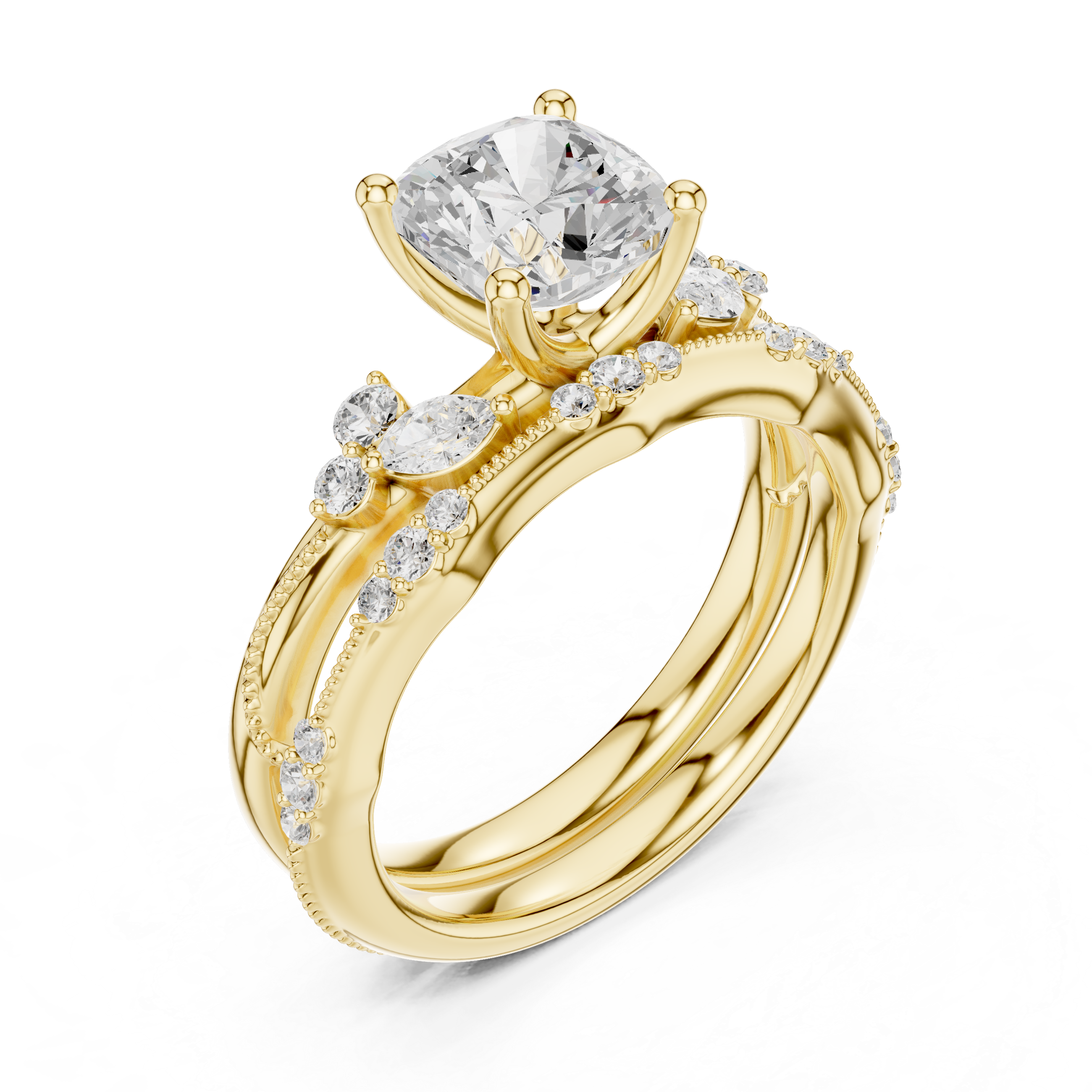 Vintage Inspired Cushion Cut Bridal Ring Set with Marquise and Pavé Diamond Accents