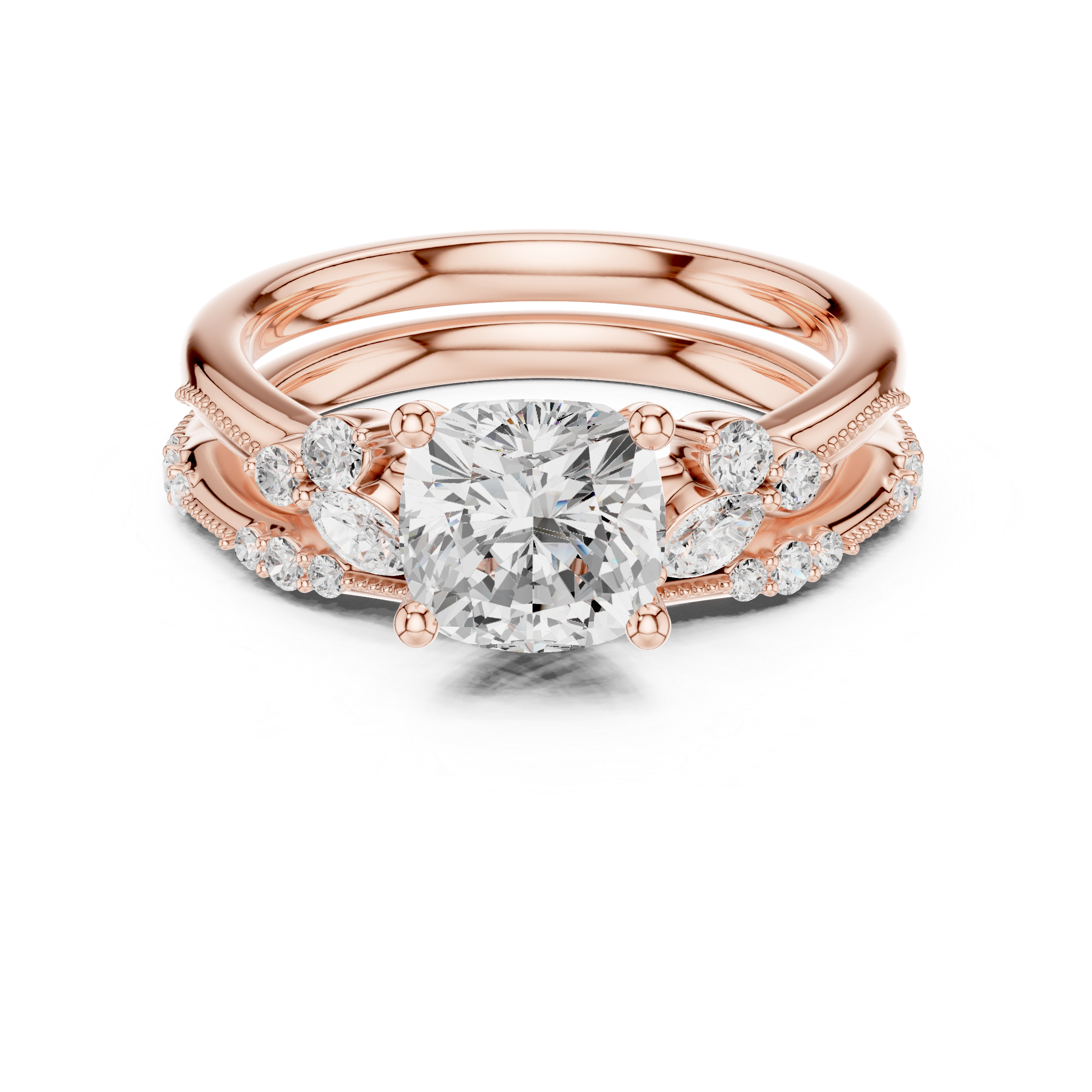 Vintage Inspired Cushion Cut Bridal Ring Set with Marquise and Pavé Diamond Accents