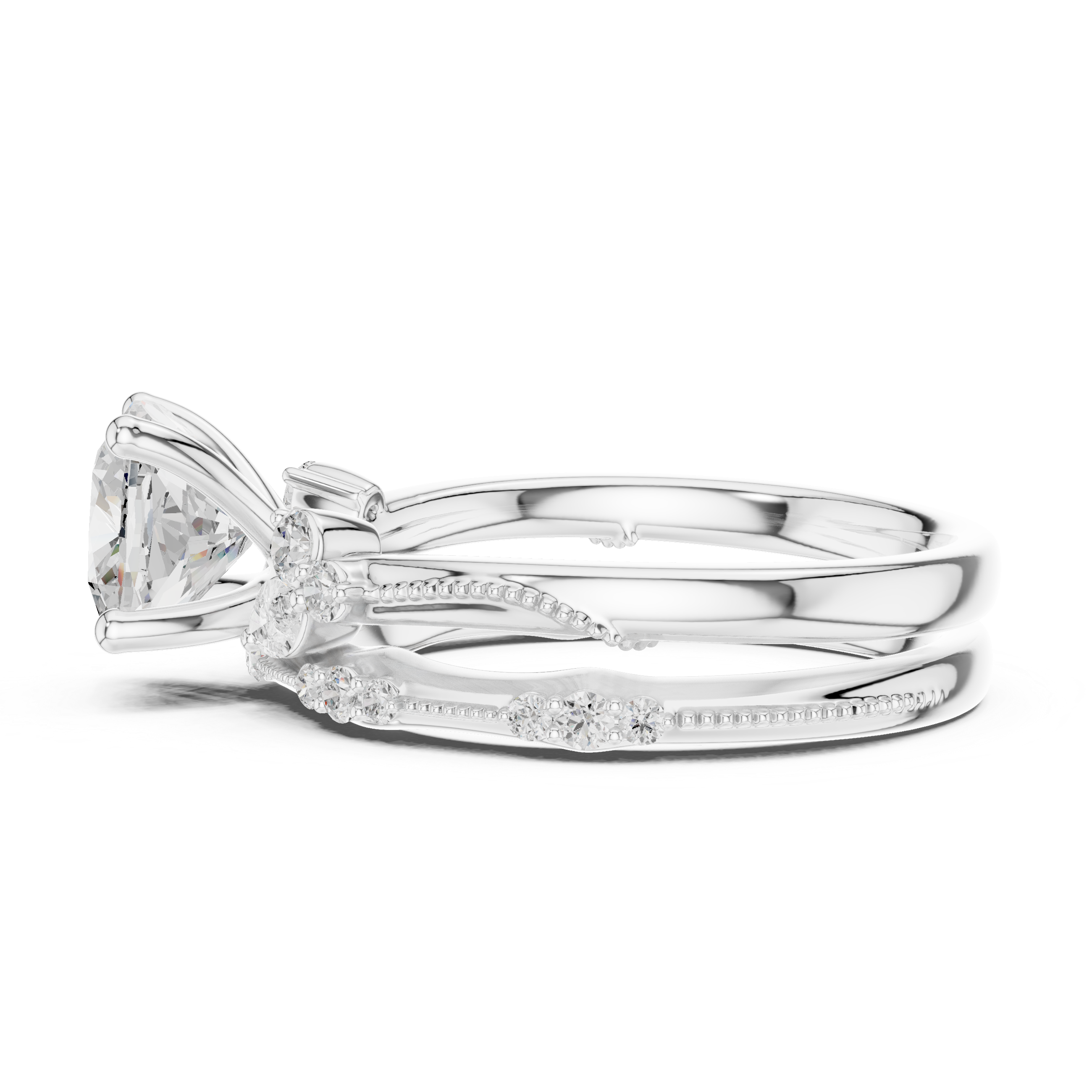 Vintage Inspired Cushion Cut Bridal Ring Set with Marquise and Pavé Diamond Accents